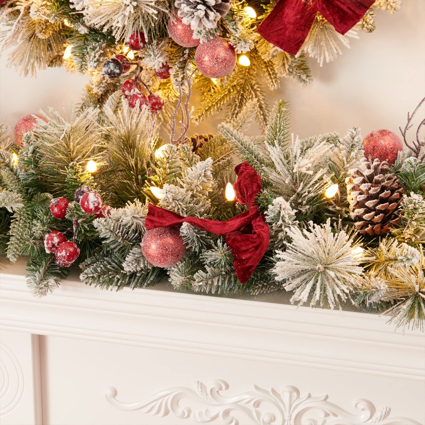 AMERZEST 9ft Pre-lit Flocked Christmas Garland with Red Balls, Berries and and 50 Battery Operated Soft White LED Lights with Timer,Artificial Holiday Decoration Door Outdoor