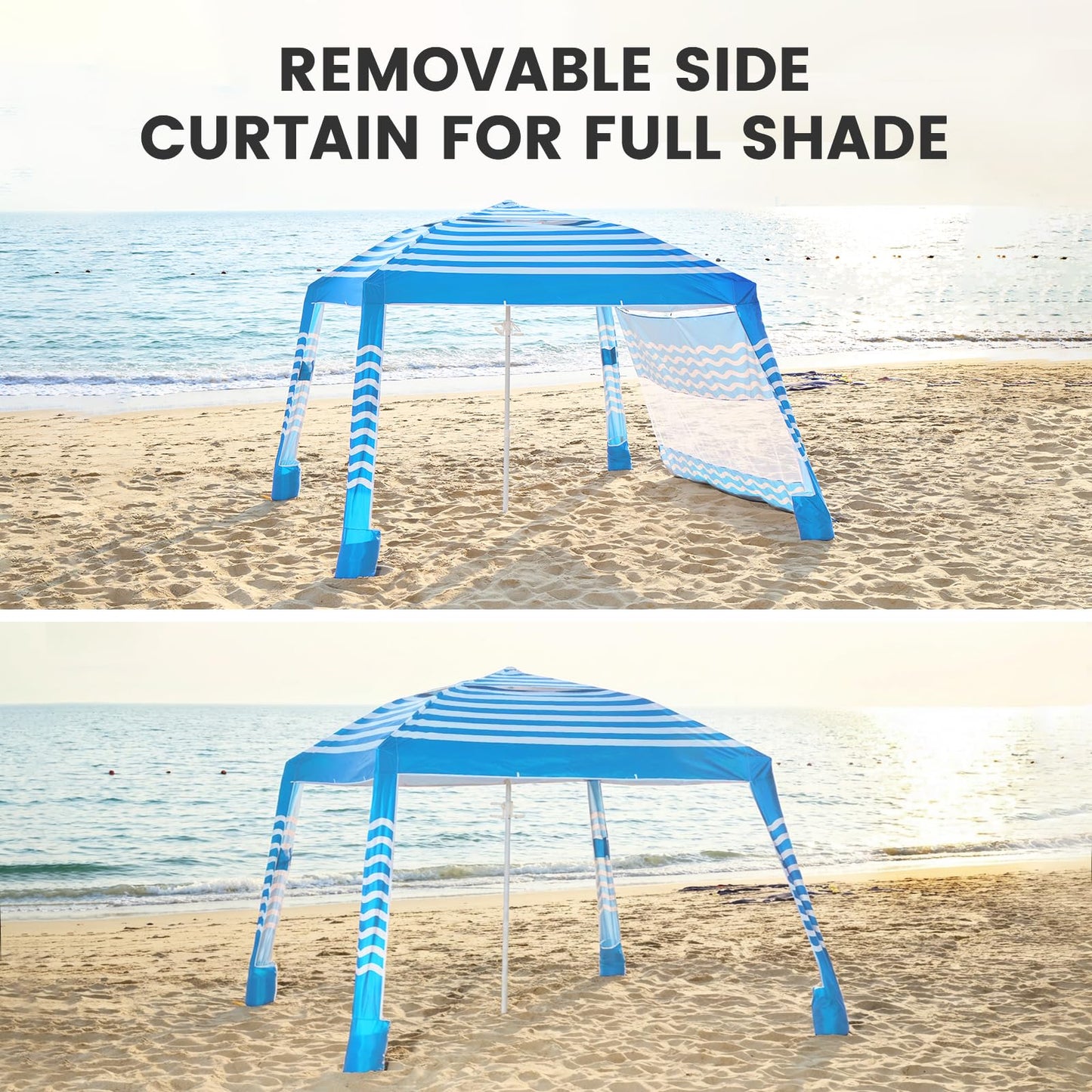 Zeraty Beach Cabana 8'×8', Portable Beach Canopy Easy Pop Up, Beach Tent Sun Shelter with Side Wall, Beach Umbrella Tent with Silver‑Coated Fabric for Family, Wind Resistant