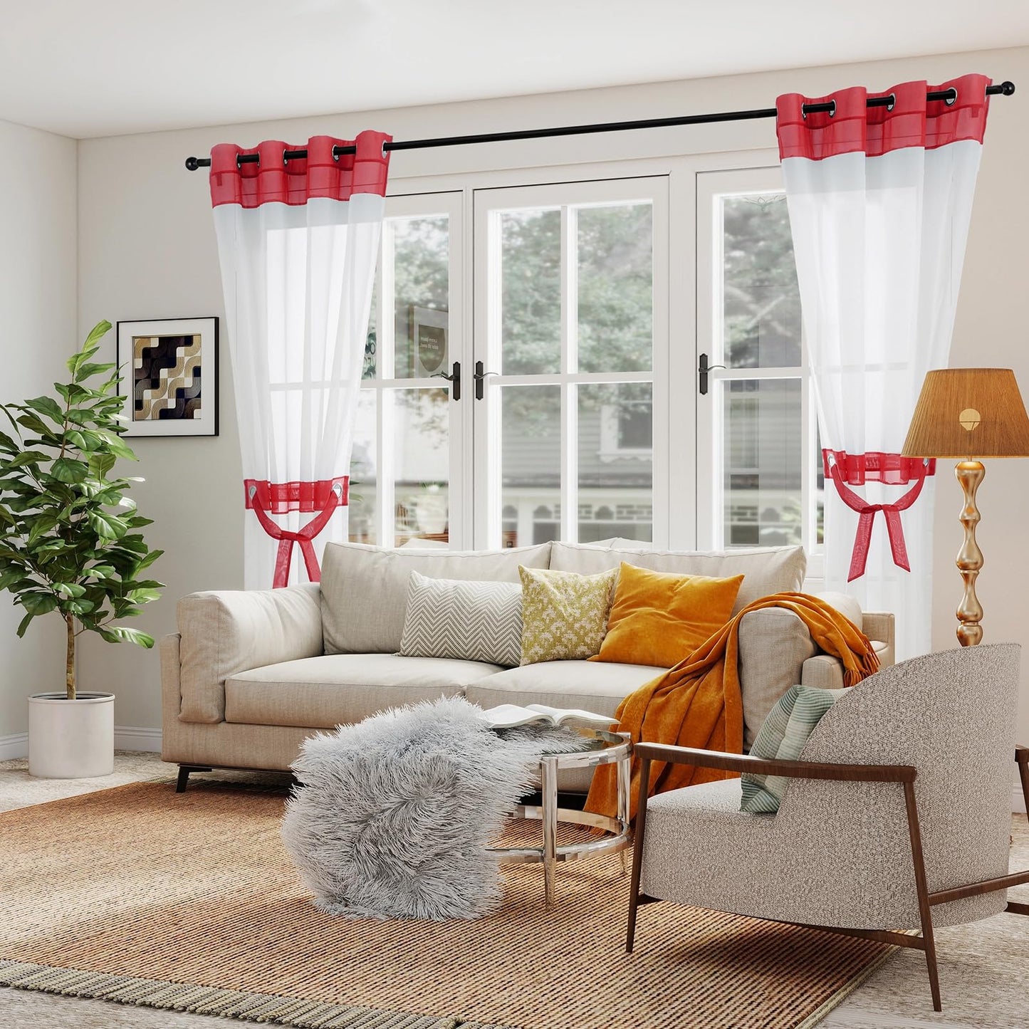L.Z.E Red and White Sheer Curtains 84 Inches Long 2 Panels Set, Transparent Voile Window Drapes for Living Room & Dining Room with Classic Design, Elegant Grommet Curtain with Tieback