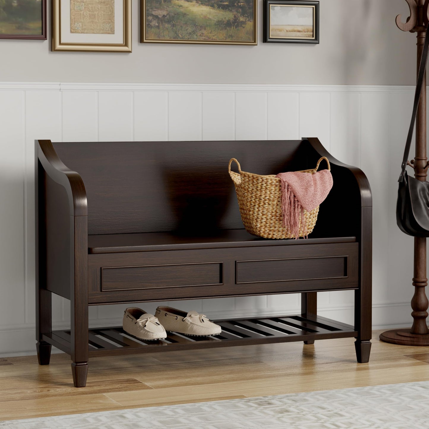 SIMPLIHOME Connaught SOLID WOOD 42 inch Wide Traditional Entryway Storage Bench with Shelf in Chestnut Brown for the Living Room, Entryway and Family Room