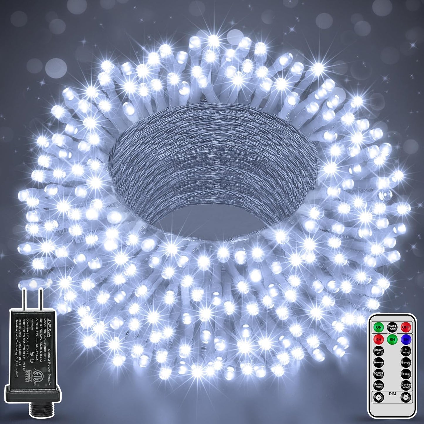 Ccinny 196FT 600 LED Christmas Lights Outdoor Waterproof, Timer & Memory Function, 8 Modes Cool White String Lights Plug in Twinkle Lights for Xmas Tree Holiday Garden Indoor Party Decor