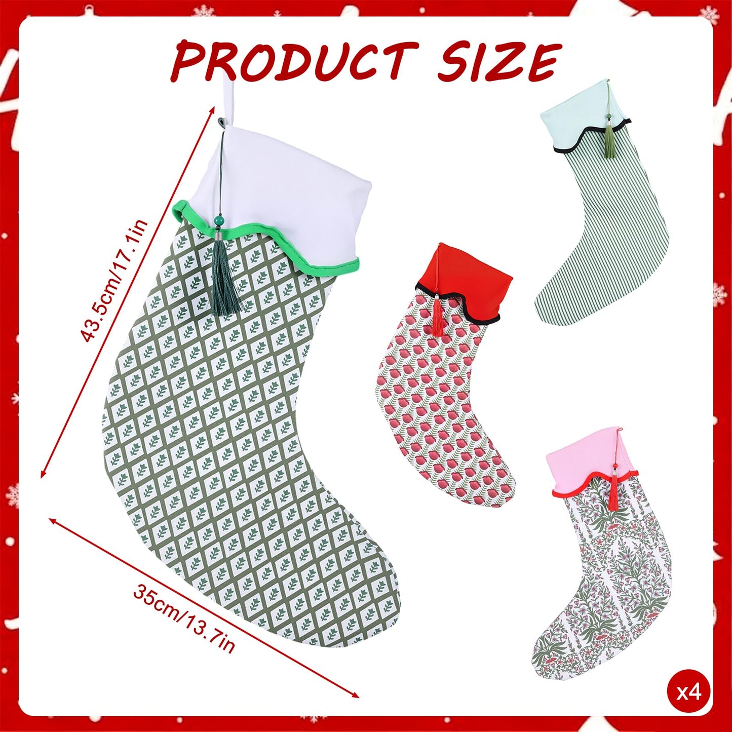 4 Pack Christmas Stockings Green Red Block Print Holiday Scalloped Stockings 22" Canvas Floral Nature Xmas Socks with Tassel Rustic Christmas Hanging Decorations for Stairs Fireplace Xmas Home Decor