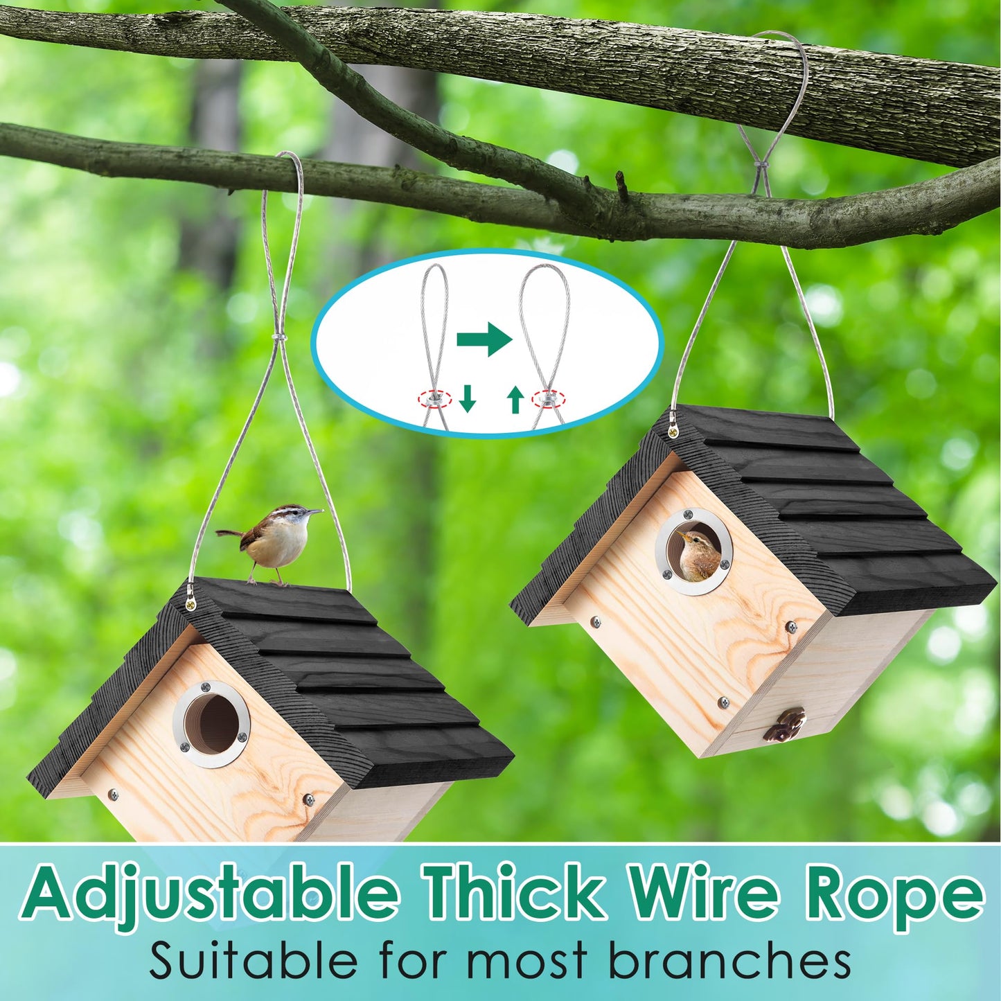 Dreyoo 4 Pack Wren House, 1-1/8'' Entrance Hole Hanging Wooden Wren Bird Houses for Outside with Metal Guard, Air Vents, Pine Wood for Chickadees(Black)