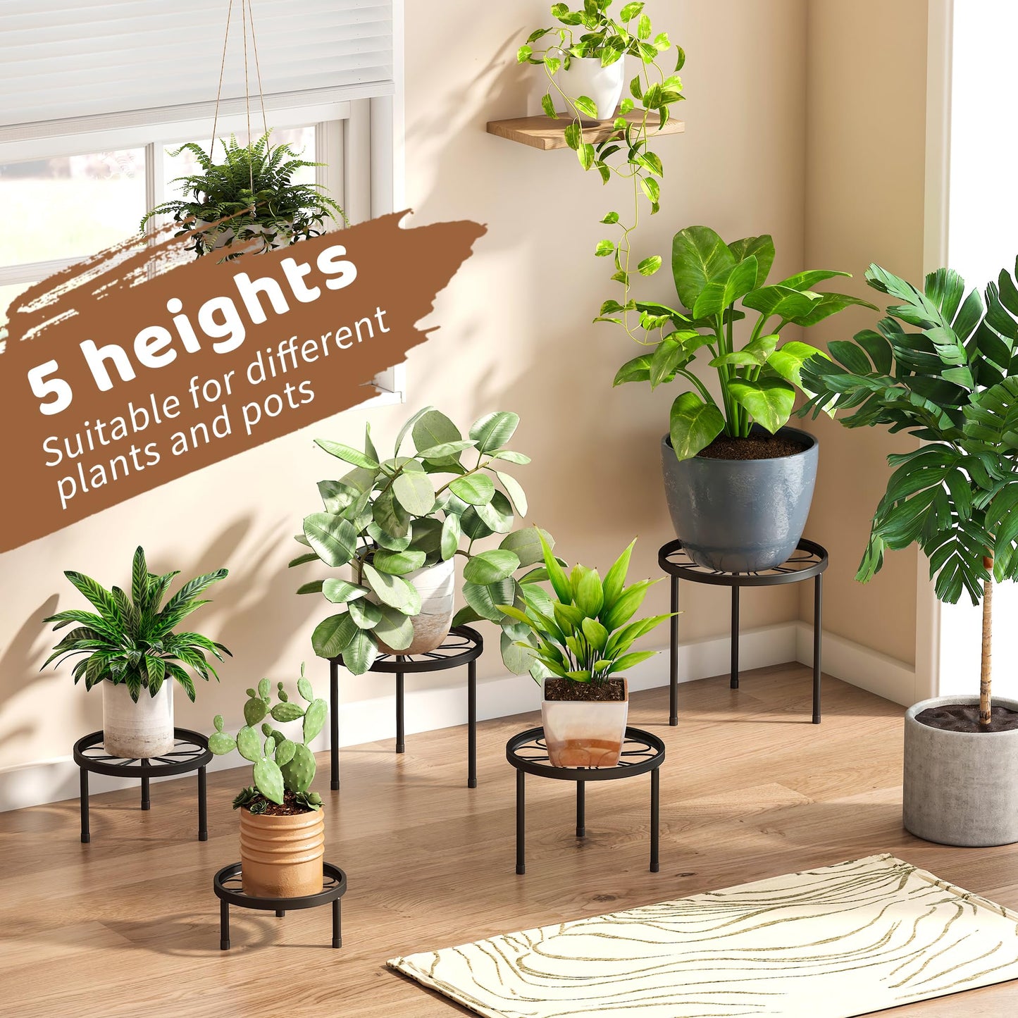 5 Pack Metal Plant Stand Indoor Outdoor Heavy Duty Plant Stands Anti-Rust Iron Flower Pot Stands,Flower Pot Stand Plant Pot Shelf for Garden Garden Balcony (Black)