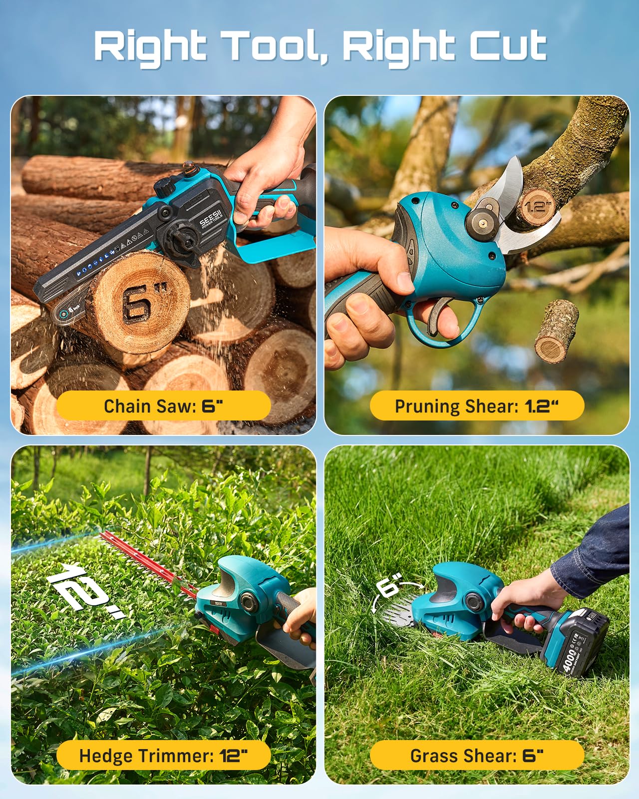 SEESII Electric Chainsaw Trimmer Pruner: 3-in-1 Cordless Chainsaw, Hedge Trimmer, Pruning Shears with 2× Rechargeable 4000mAh Batteries, Garden Tool Kit for Tree Trimming and Branch Cutting