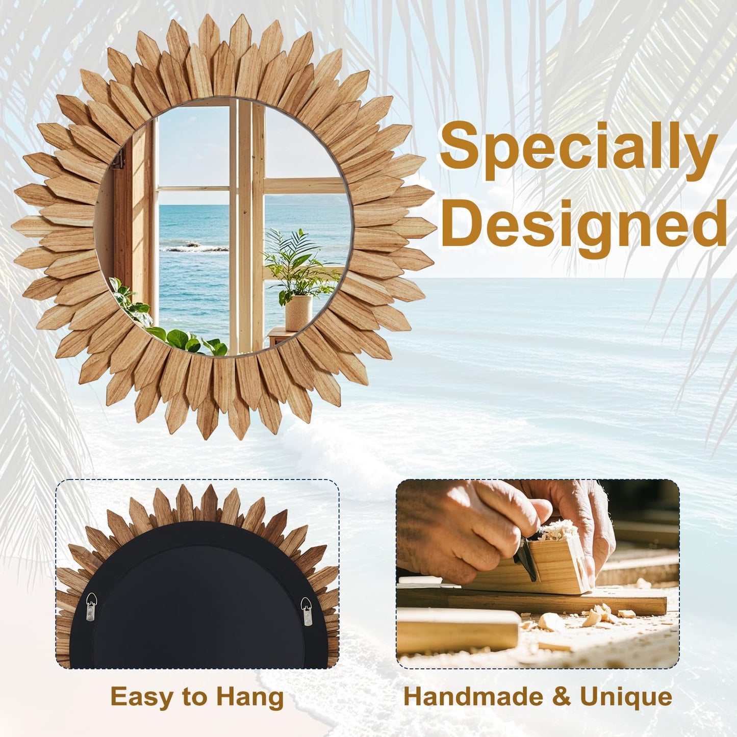 VETROVUE 24 Inch Brown Boho Wall Decor Sunburst Mirror - Round Wooden Wall Decor, Handmade Rustic Circular Mirror for Living Room, Bedroom, Entryway, Office