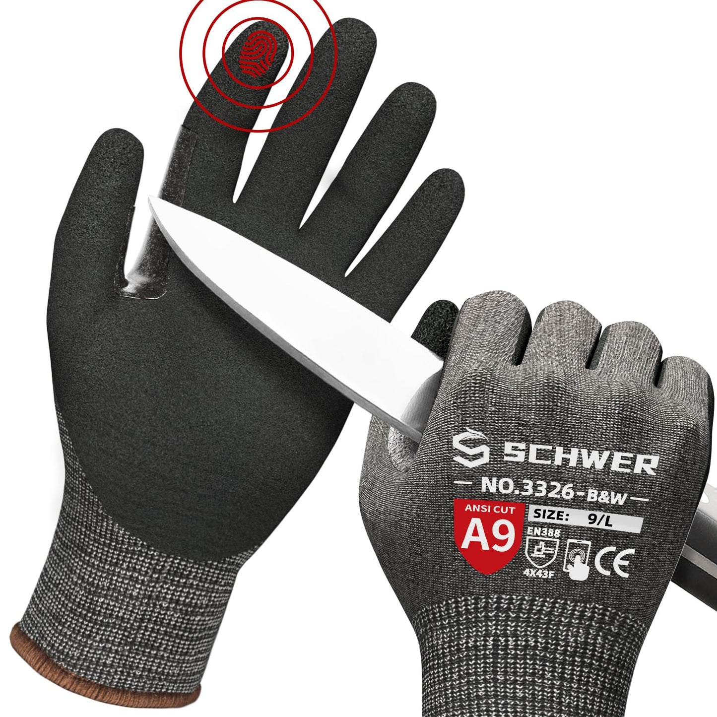 Schwer ProGuard High Level Cut Resistant Work Gloves PR3326 for Extreme Protection，ANSI A9 Cut Gloves with Reinforced Thumb, Non Slip, Breathable, Durable, Touch-screen, Black 1 Pair（L）