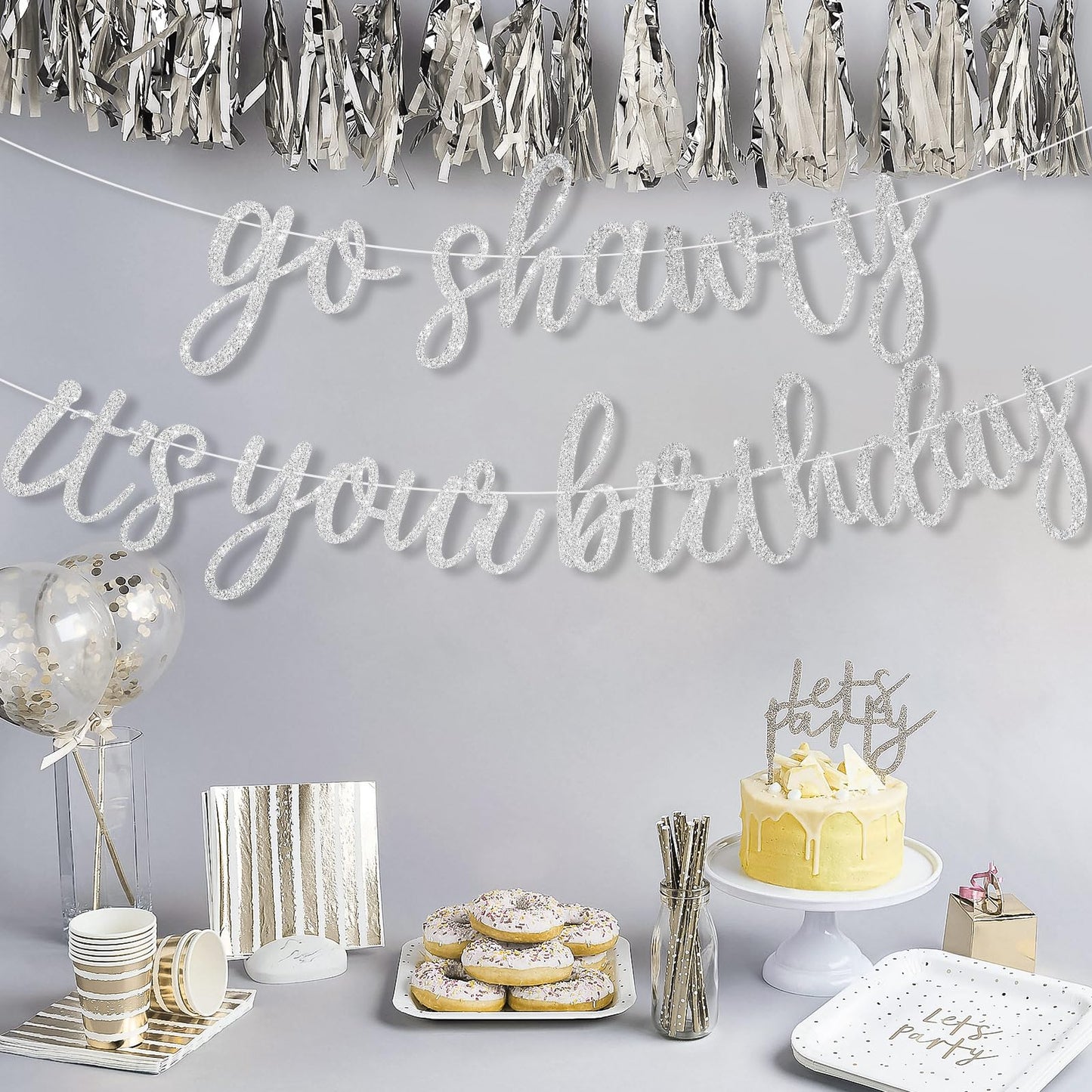 JHZMCRX Go Shawty It's Your Birthday Banner Glitter Happy Birthday Banner Sign Funny Garland Wall Door Banners for Women Girls Birthday Party Decorations Backdrops Silver