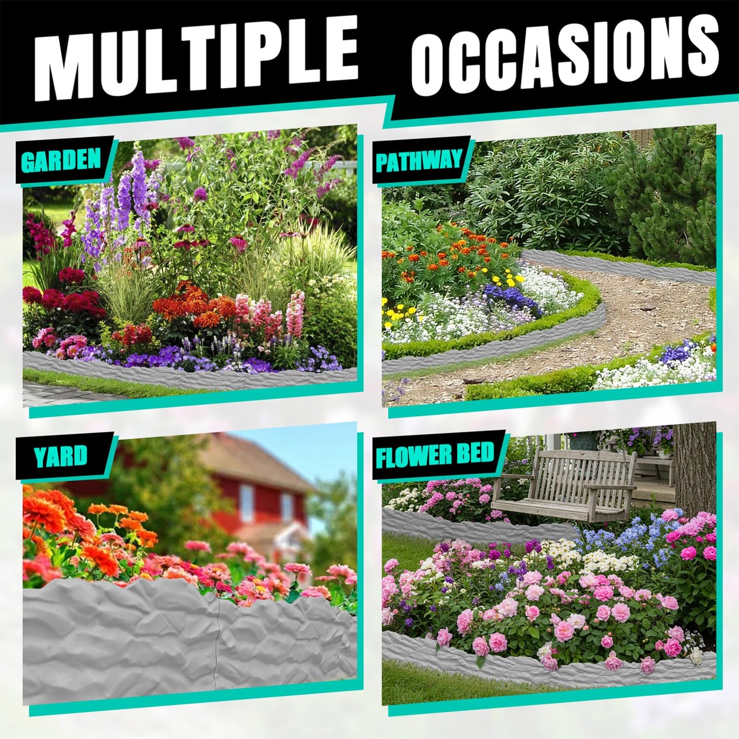 20-Pack No Dig Garden Edging Borders,20FT Plastic Lawn Edging with Spikes & Stone Texture - Easy Interlocking Landscape Edging for Yard, Flower Bed, Driveway, Heavy-Duty & Easy Install