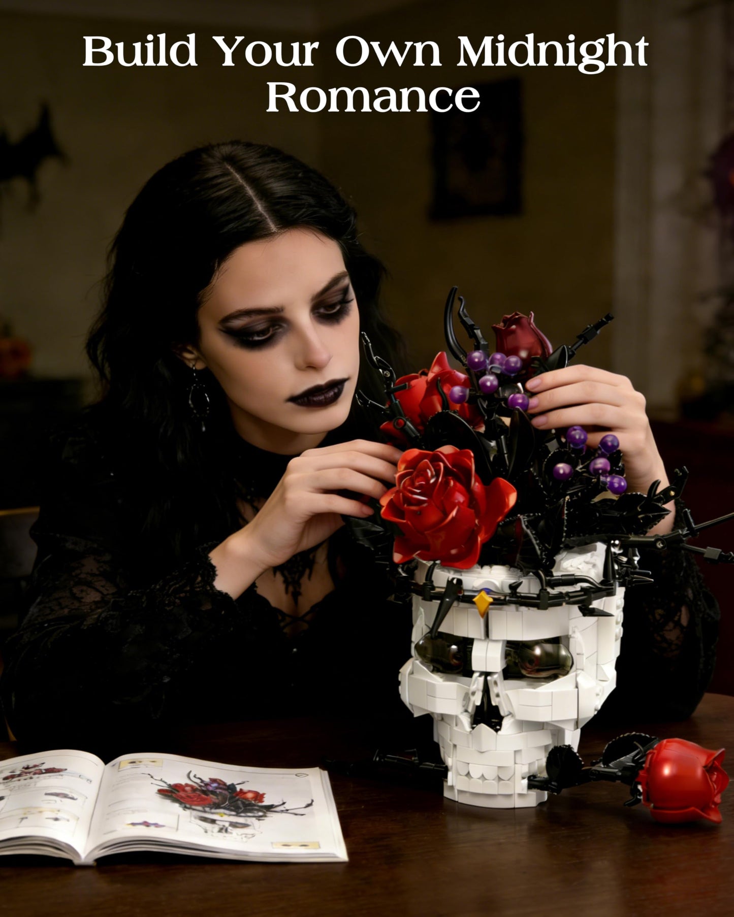Gothic Skull Rose Building Set for Adults, Skull Home Decor for Table Shelf Centerpiece, Compatible with Lego Skull Flowers Horror Set, Halloween & Valentine's Day Gift for Teens Adult
