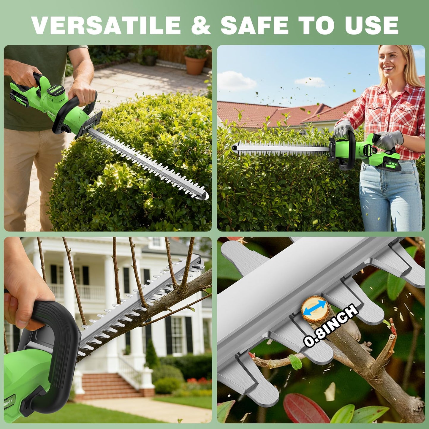 22'' Hedge Trimmer Cordless with Battery 2×2.0Ah, SOARFLY 3000RPM 180° Rotatable Handle Electric Hedge Trimmer, Dual Safety Lock 20V Powerful Bush Trimmers Tree Trimmer for Garden Lawn Yard Pruning