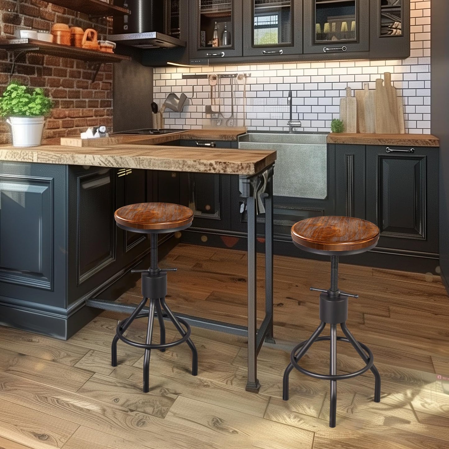 LOKKHAN Set of 2 Industrial Bar Stool-Height Adjustable Swivel Wood and Metal Bar Stool,Farmhouse Stool,Extra Tall Pub Height,23"-29"