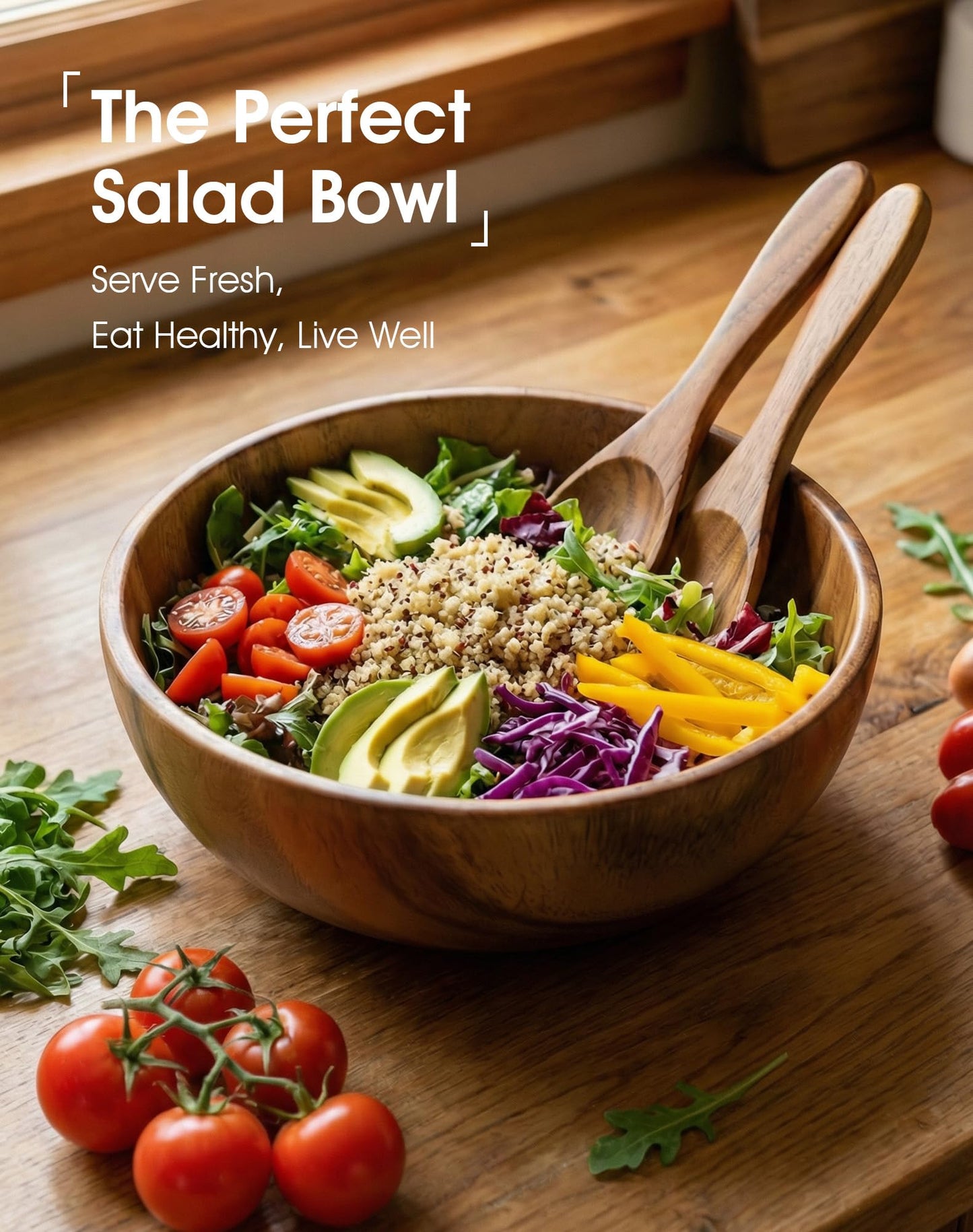 GleeNflux Acacia Wood Salad Bowl Set, 3-Piece Natural Solid Wood Serving Bowls, Handcrafted & Hand-Polished, Wooden Salad Bowls for Kitchen & Dining for Pasta, Yogurt, Fruit, Snacks & Gift Giving