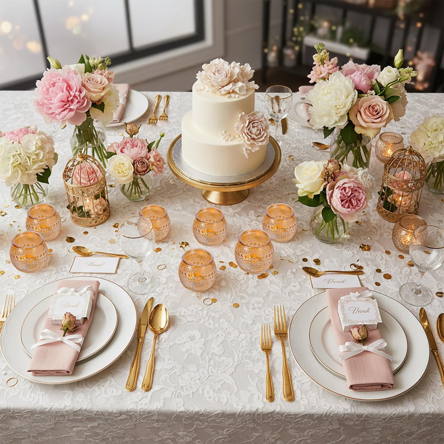16 Pcs Gold Tea Light Candle Holders, Round Votive Candle Holders with Polka Dot Embossed, Gold Table Centerpiece for Weddings, Home Decor, Baby Shower, Special Occasions
