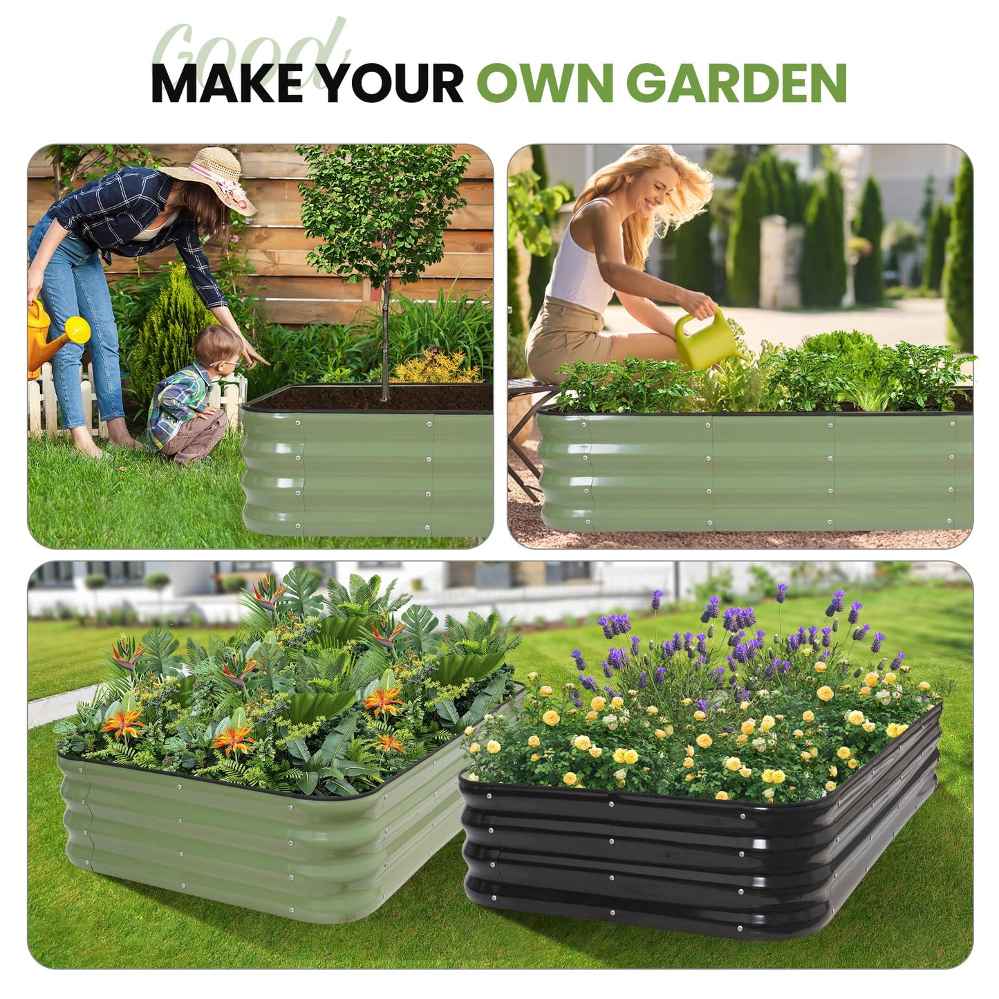 G GOOD GAIN 4-in-1 Adjustable Raised Garden Bed Kit | Galvanized Planter Boxes for Vegetables, Flowers | 12" Tall, Multiple Sizes (5x3x1ft, 4x4x1ft, 6x2x1ft, 7x1x1ft) | Outdoor Metal Raised Bed, Green