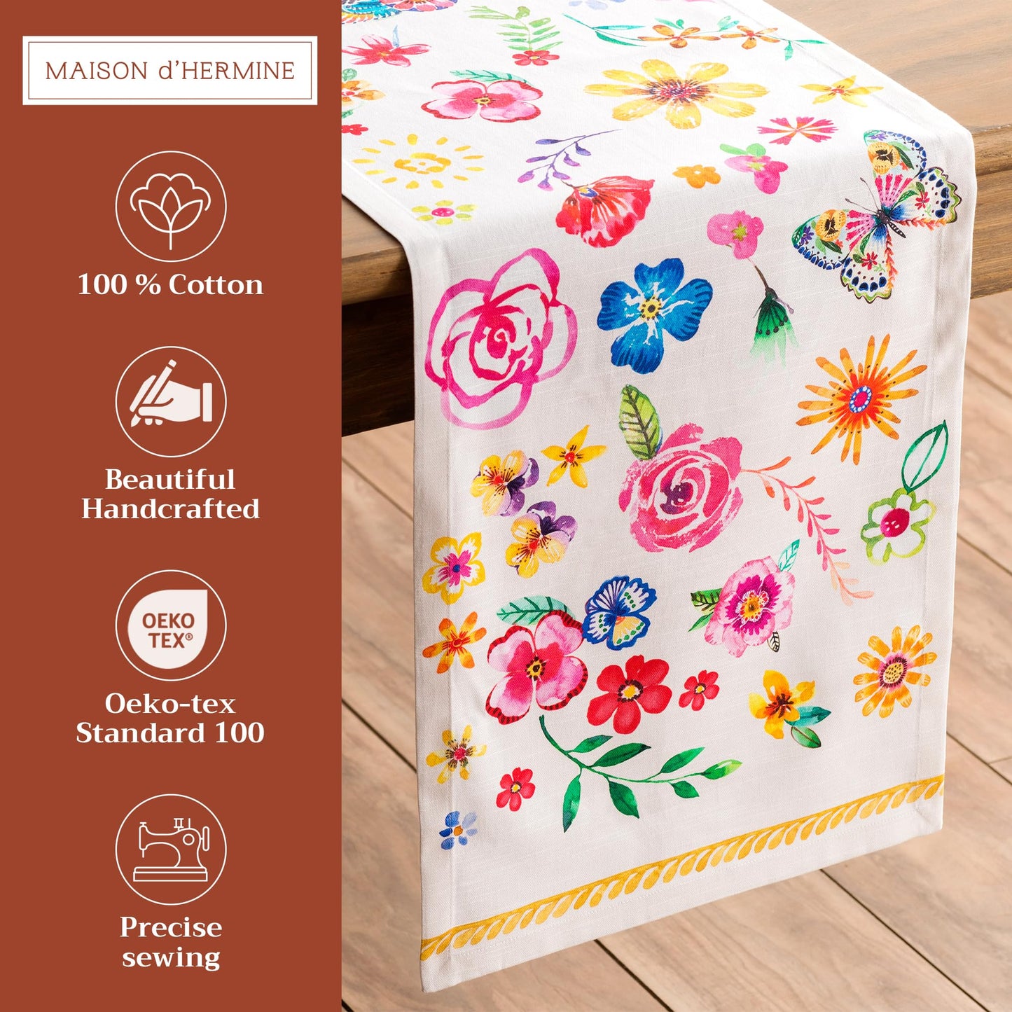 Maison d' Hermine Table Runner 100% Cotton Single Layer Table Runners 108 inches Long Decorative for Home Kitchen Dining Party Gifts for Mothers Day Spring Summer (Happy Florals - Sweety)