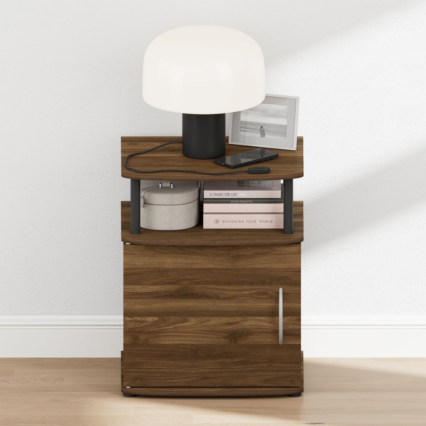Furinno Jaya Night Stand with Door, Nightstand with Open Shelf and Door Cabinet, Round Corner Bedside Table, Side Table, End Table, for Bedroom, Closet, Dorm, Amber Pine