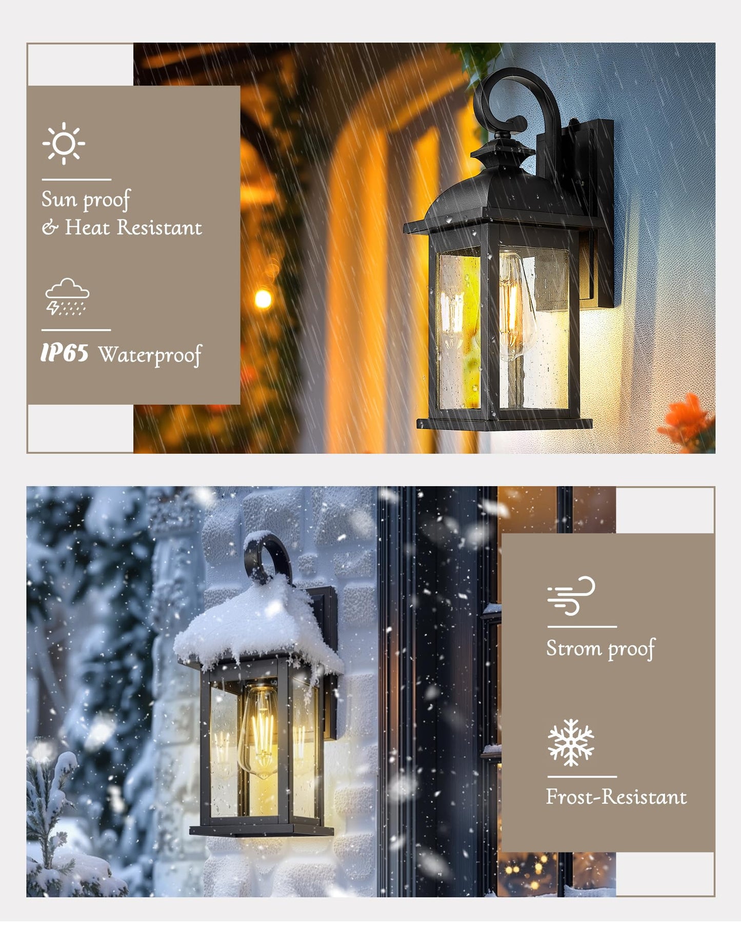 FEMILA Exterior Wall Sconce, 2 Packs Outdoor Waterproof Wall Lights Fixture, E26 Socket Wall Lantern for Porch, Anti-Rust Matte Black Finish with Seeded Glass Lampshade, 4FD54B-2PK BK
