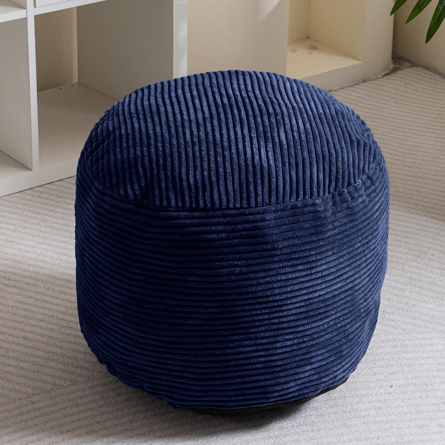 HIGOGOGO Round Stuffed Pouf Ottoman, Corduroy Poufs with Foam Chunk Filling, Furry and Fluffy Pouf Foot Stool Storage Ottoman, 20 X 15 Floor Poufs Foot Rest for Living Room, Navy