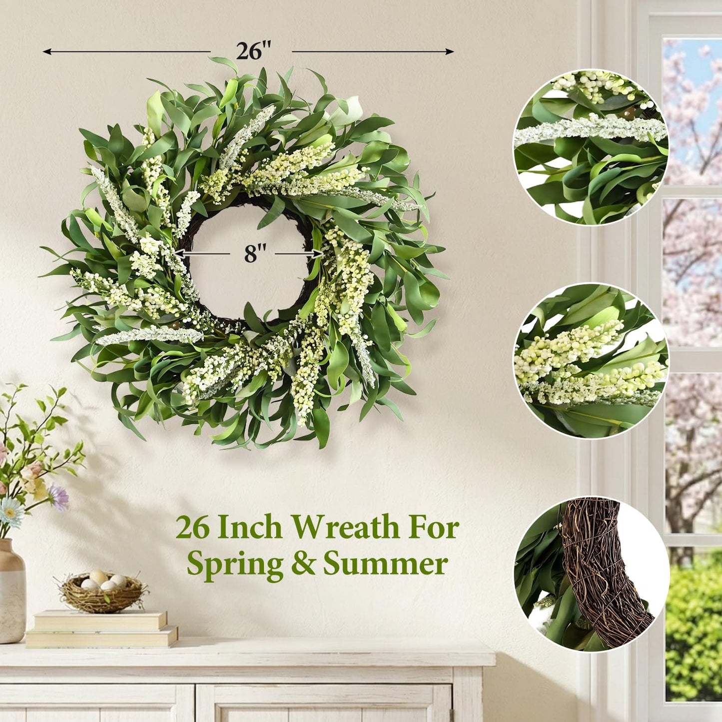 Greenery Spring Wreath for Front Door, 26 Inch Large Wreath with Artificial Eucalyptus Leaves and Cream Ear of Grain, All Season Spring Wreath for Wedding Rustic Modern Farmhouse Home Decor