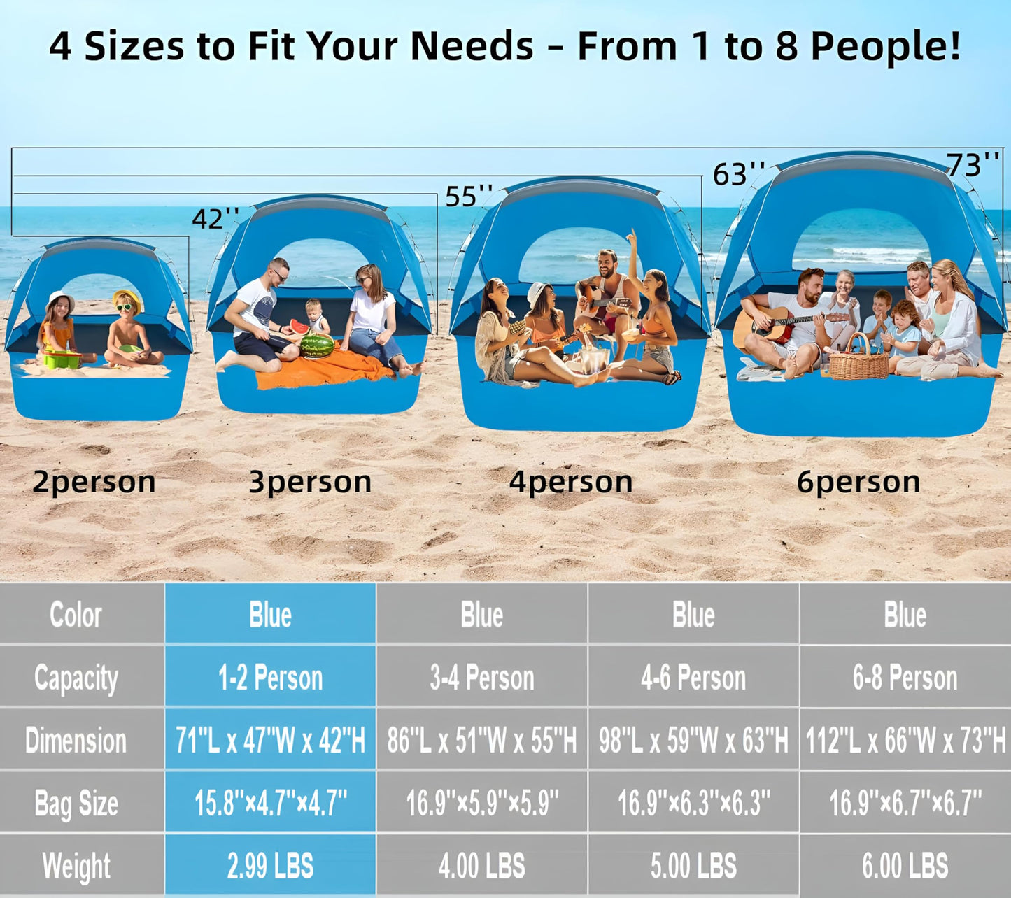 Beach Tent, Portable Sun Shelter for 2/3/4/6-8 Person with UPF 50+ UV Protection, Easy Setup Waterproof Beach Shade Canopy Cabana for Family Outdoor and Picnics, Fishing with Carrying Bag