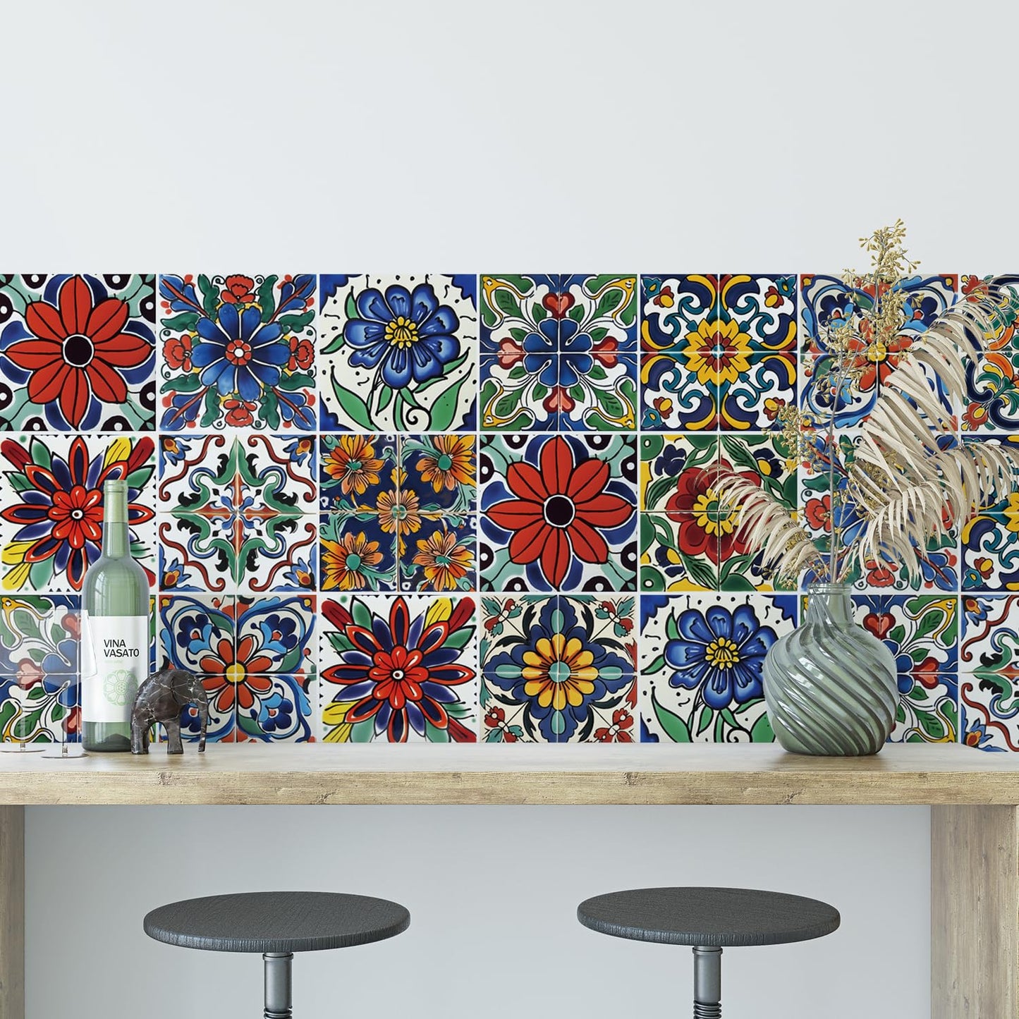 30 Pcs Mediterranean Style Peel and Stick Wall Tile Decals - Waterproof Vinyl Stickers for Kitchen Backsplash, Bathroom, Stair Riser Decor - Spanish Floral Pattern - 4x4 Inch