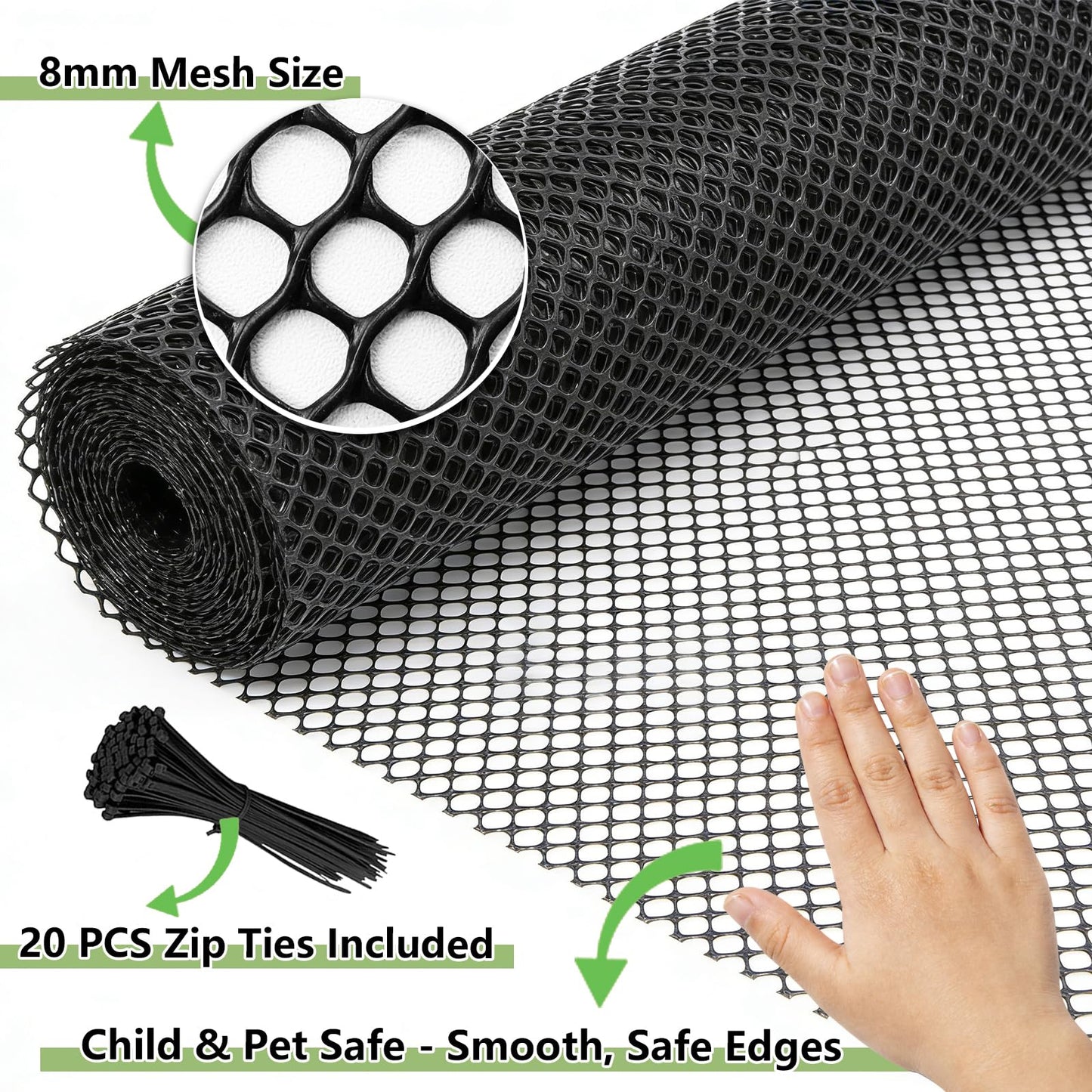 Tilvex 15.7" x 10' Plastic Mesh Fence Roll - Heavy Duty Chicken Wire Mesh Fence - Upgraded Thick Animal Barrier for Garden, Balcony Railing Safety Net, Poultry Netting with 20 Zip Ties, Black