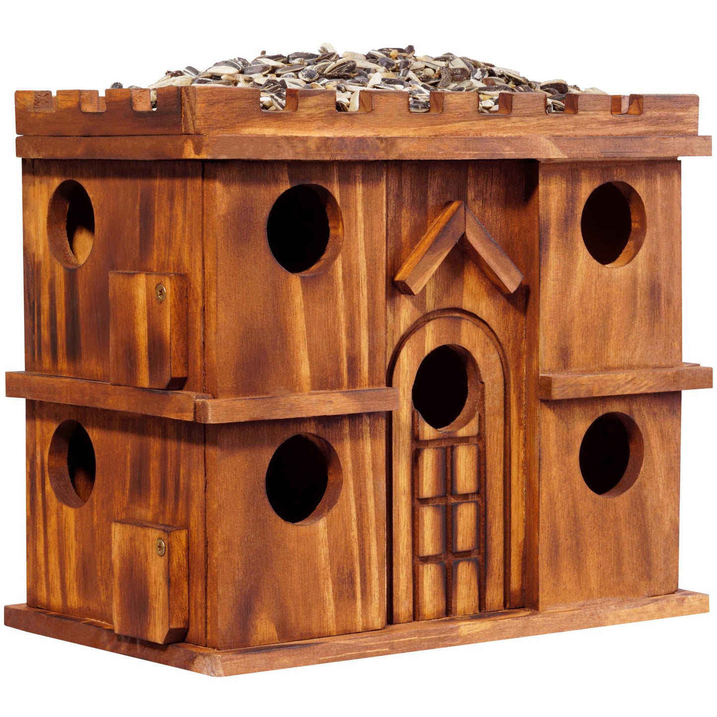 MIXUMON Wooden Bird Houses for Outside – 9 Rooms Large Bird House, Carbonized Pine Rustic Finish, 1.5" Entrance Holes, Cleaning Doors, Outdoor Birdhouse Nesting Box (Rustic, 9 Rooms)