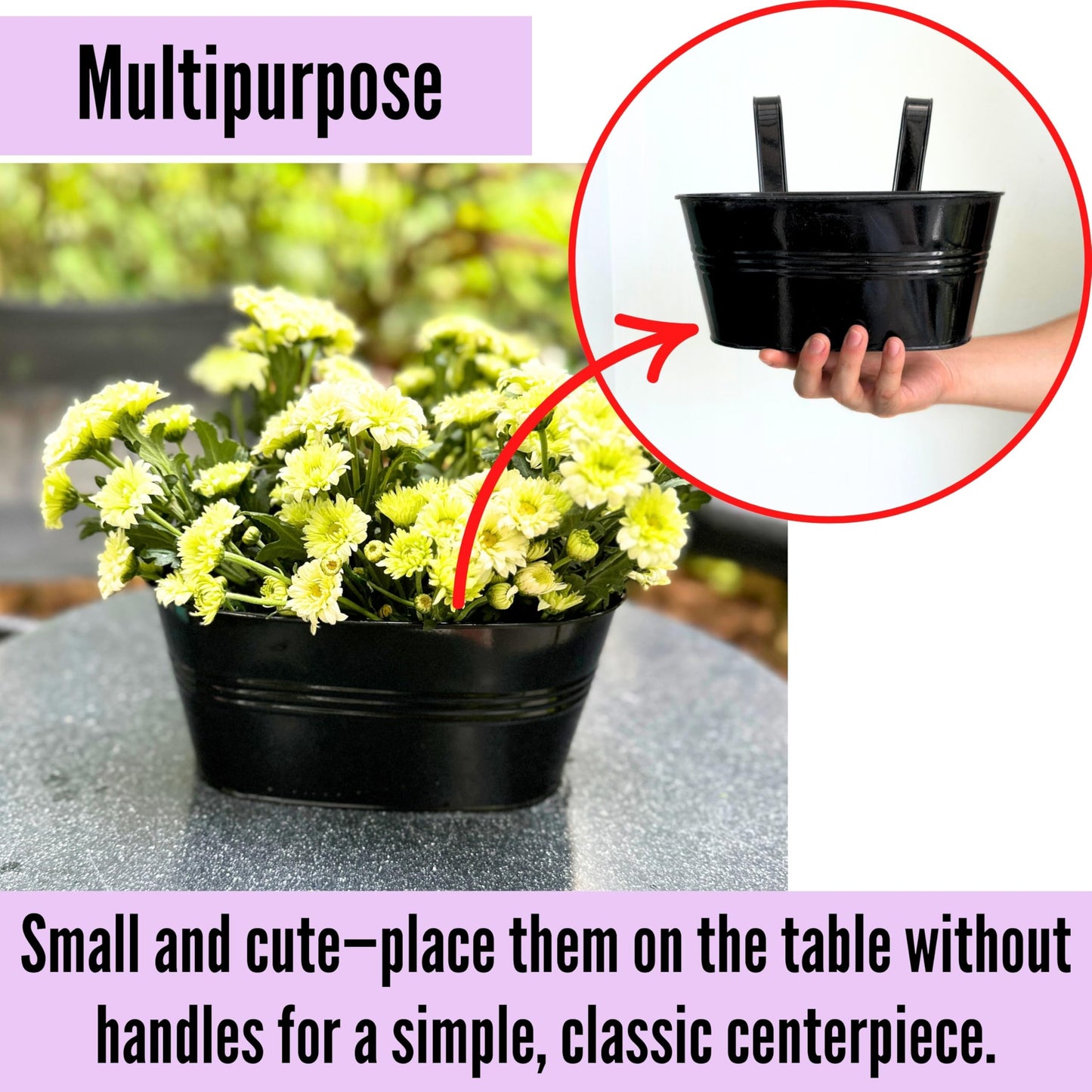 LaLaGreen Rail Planter Outdoor Plants (6 Pack, 9.8 Inch) Small and Cute Black Metal Iron Hanging Flower Pot Deck Railing Fence Buckets Countryside Style Window Box Plant Holder Hooks Porch Decor