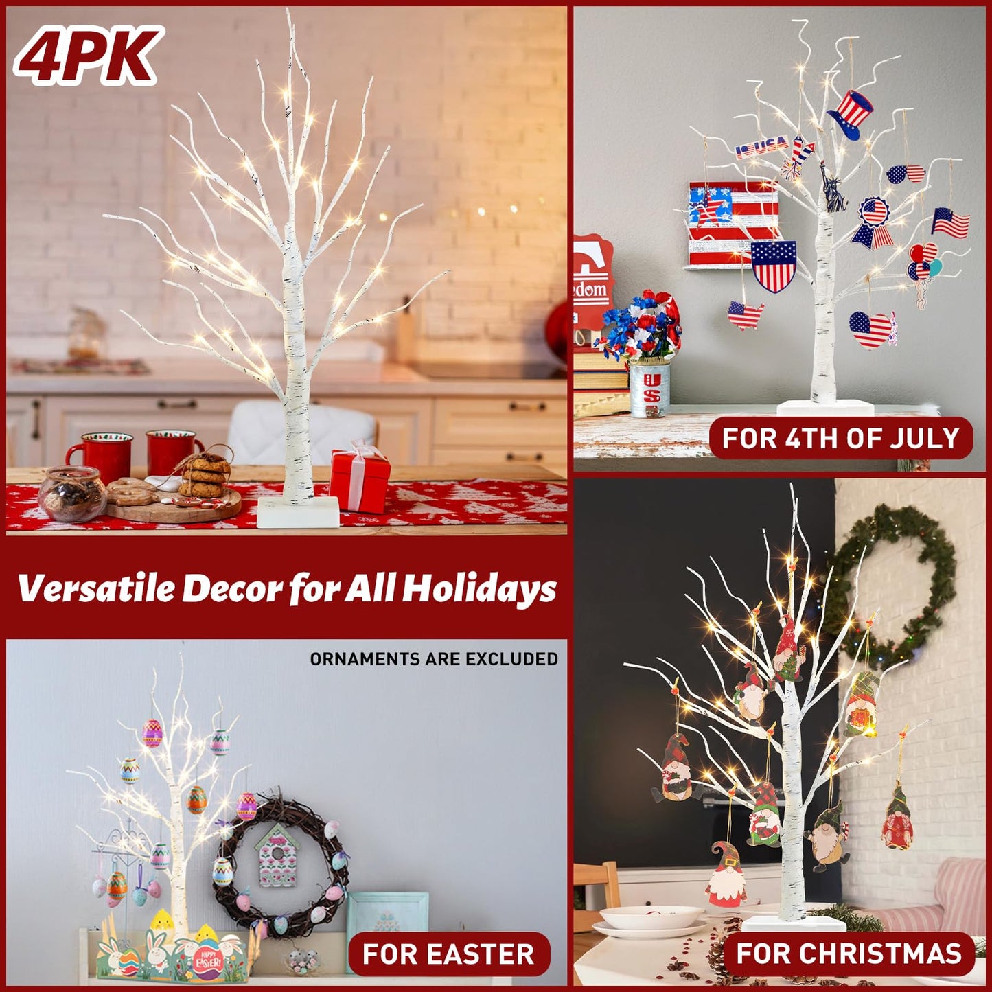 PEIDUO Christmas Decorations for The Home, 2FT BirchTree with LED Lights, Warm White Tree Lamp, Fairy Light Spirit Tree for Room Inside Fireplace Home Decor, Battery Powered, Timer (4PK)