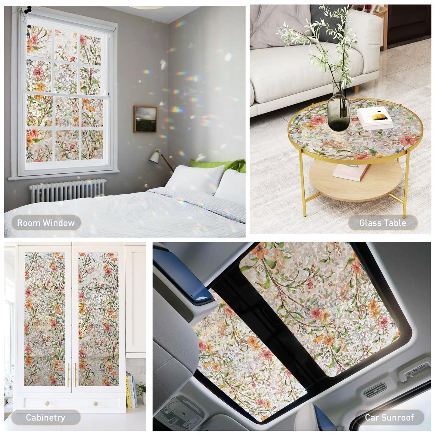 Kromapolis Window Privacy Film Floral Rainbow Decorative Stickers, 3D Static Stained Glass Cling, Removable Cover for Home Heat Control Anti-UV, Car Sunroof Vinyl Decals Non-Adhesive, 17.5'' x 78.7''