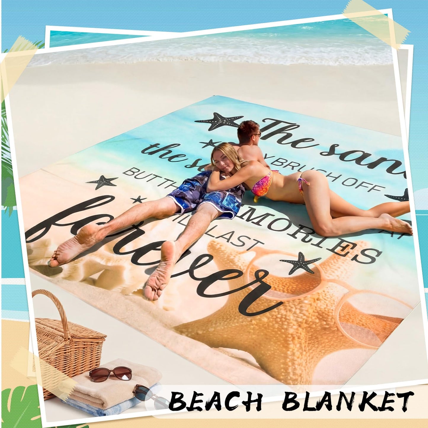 Boao Ocean Theme Beach Blanket Waterproof Sandproof Extra Large Mat 6.56 x 6.89 ft Lightweight Portable for Outdoor Trip Camping with Stakes Storage Bag 1-4 Family Friend Vacation Starfish Sea Shell