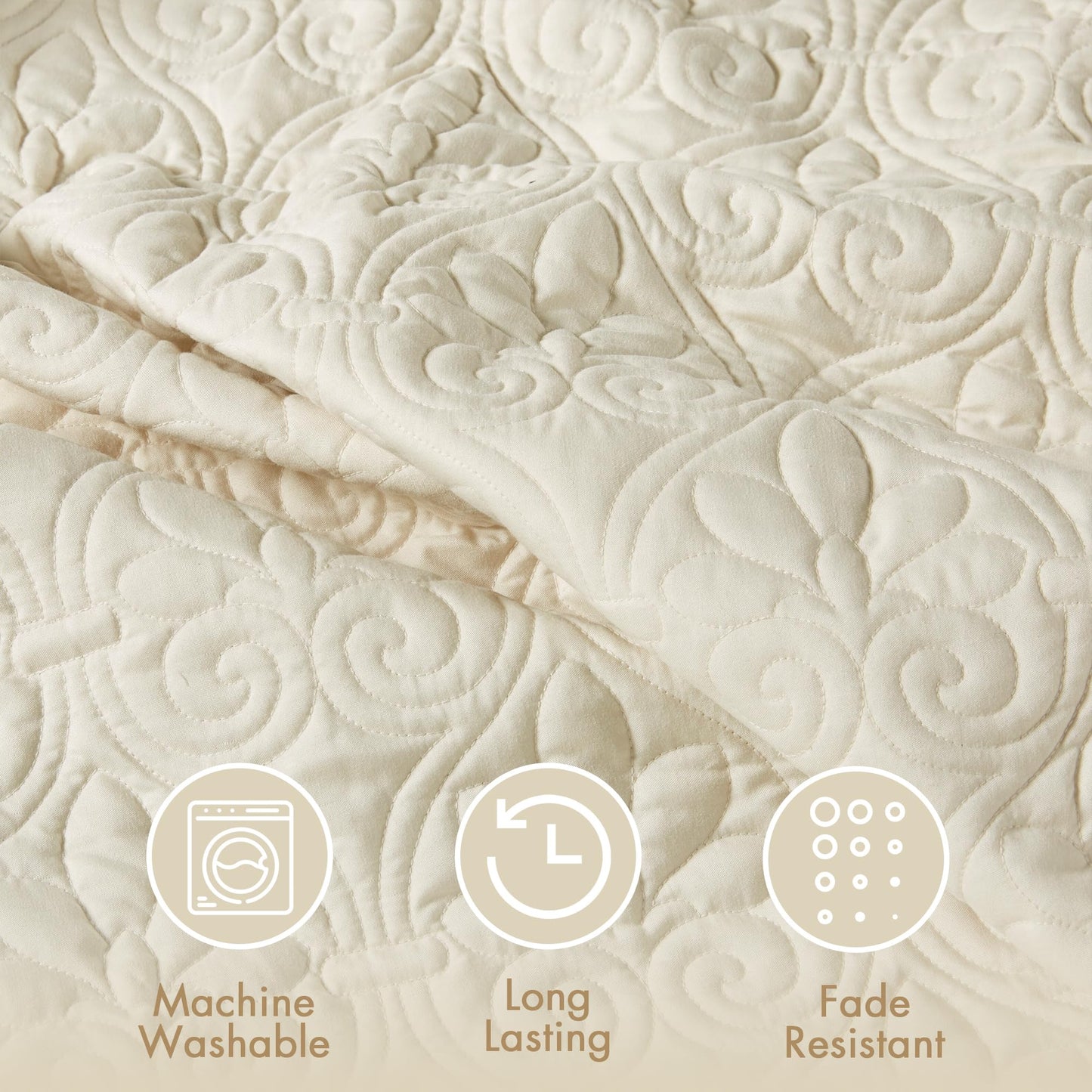 Madison Park Quebec Split Corner Quilted Bedspread Classic Traditional Design All Season, Lightweight, Bedding Set, Matching Shams, Queen, Damask Quilted Cream 3 Piece