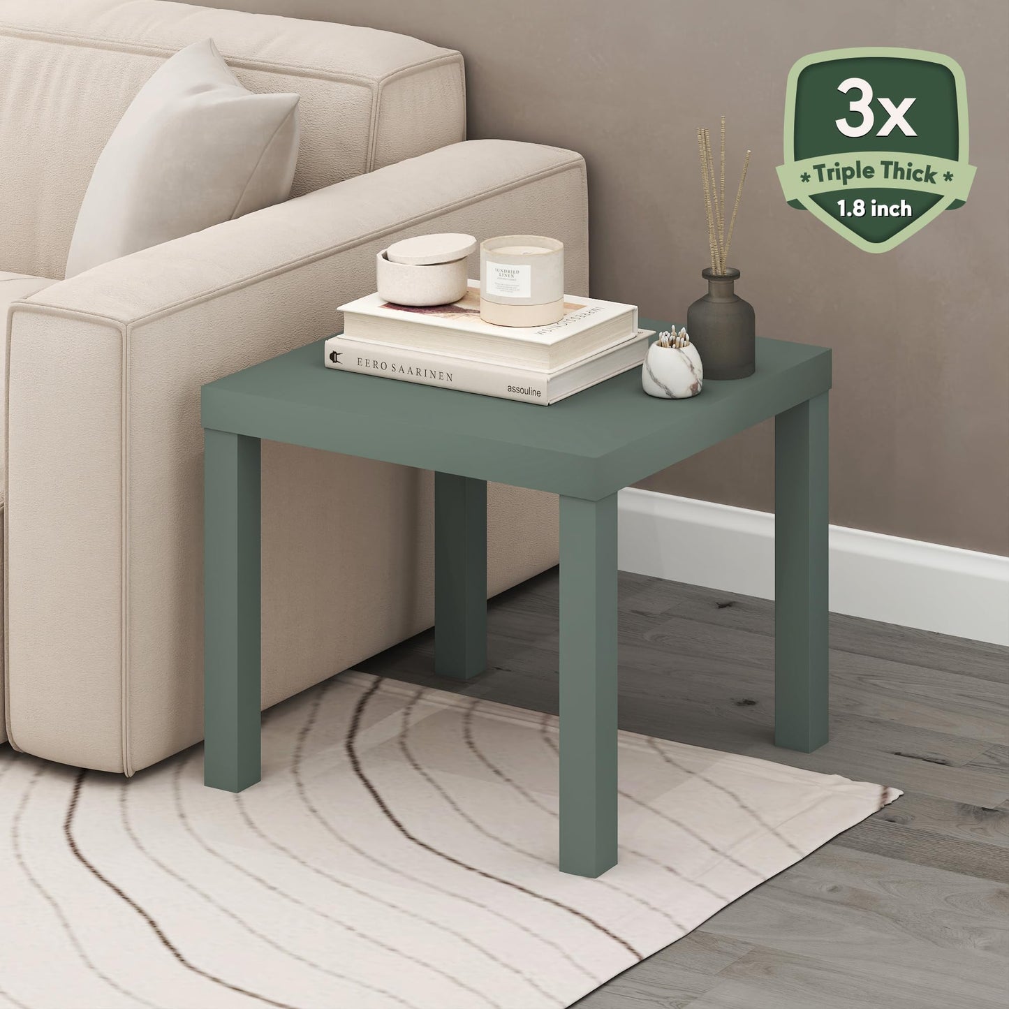 Furinno Classic Side Table, Square Modern End Table with 1.8" Triple Thick Tabletop, Simple Night Stand, Bedside Table, Toolless Assembly, for Living Room, Bedroom, Sage Green