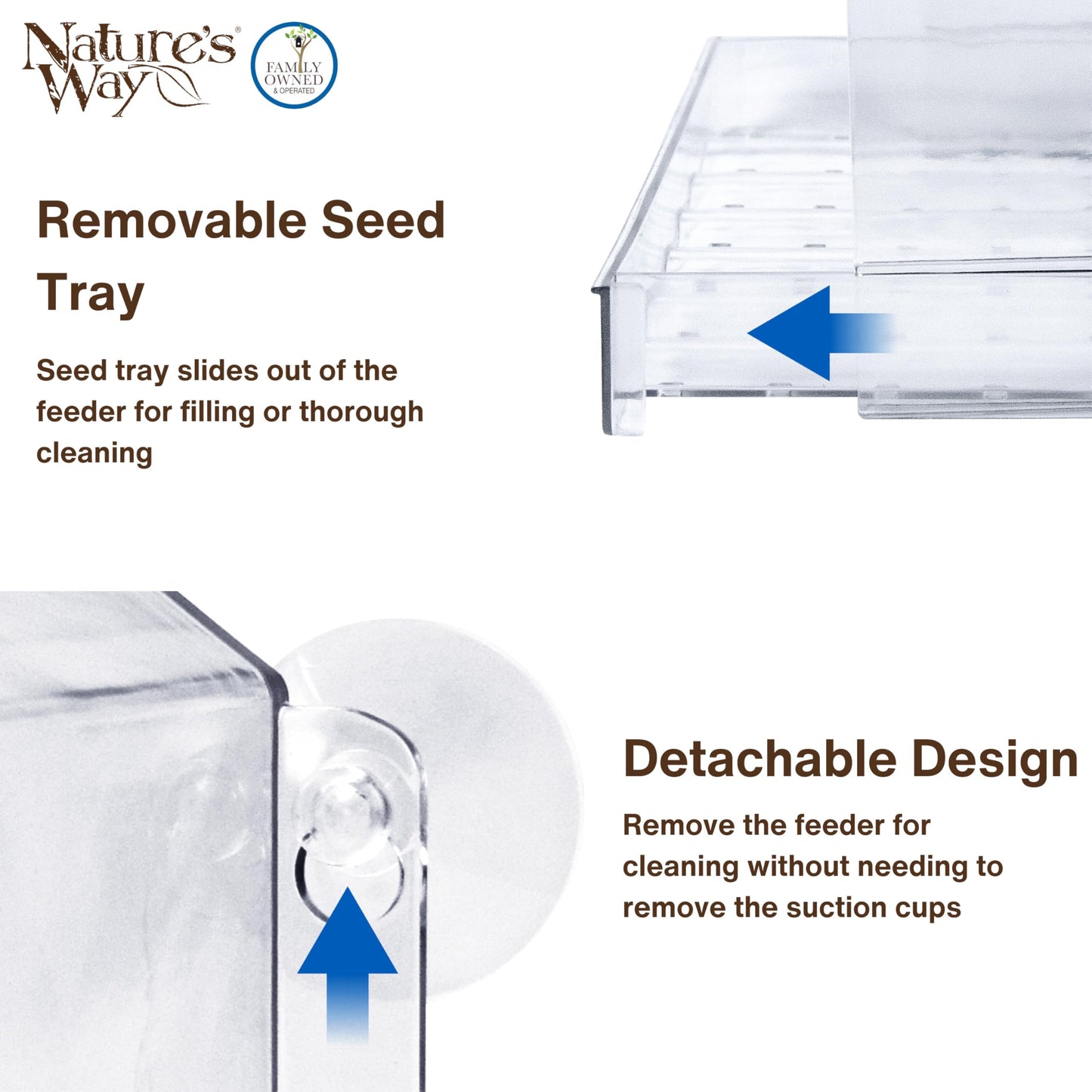 Nature’s Way Crystal Window Seed Feeder with 4 Secure Suction Cup Mount, Clear 2-Cup Capacity Hanging Bird Feeder for Close-Up Viewing, 6.5"