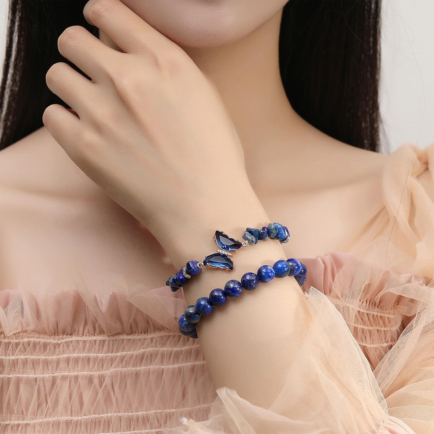 DUQGUHO Blue Bracelets for Women Lapis Lazuli Bracelet Blue Beaded Bracelets for Women Healing Bracelets for Women Butterfly Bracelets Blue Gemstone Bead Jewelry 8mm Blue Gifts for Women 2Pcs