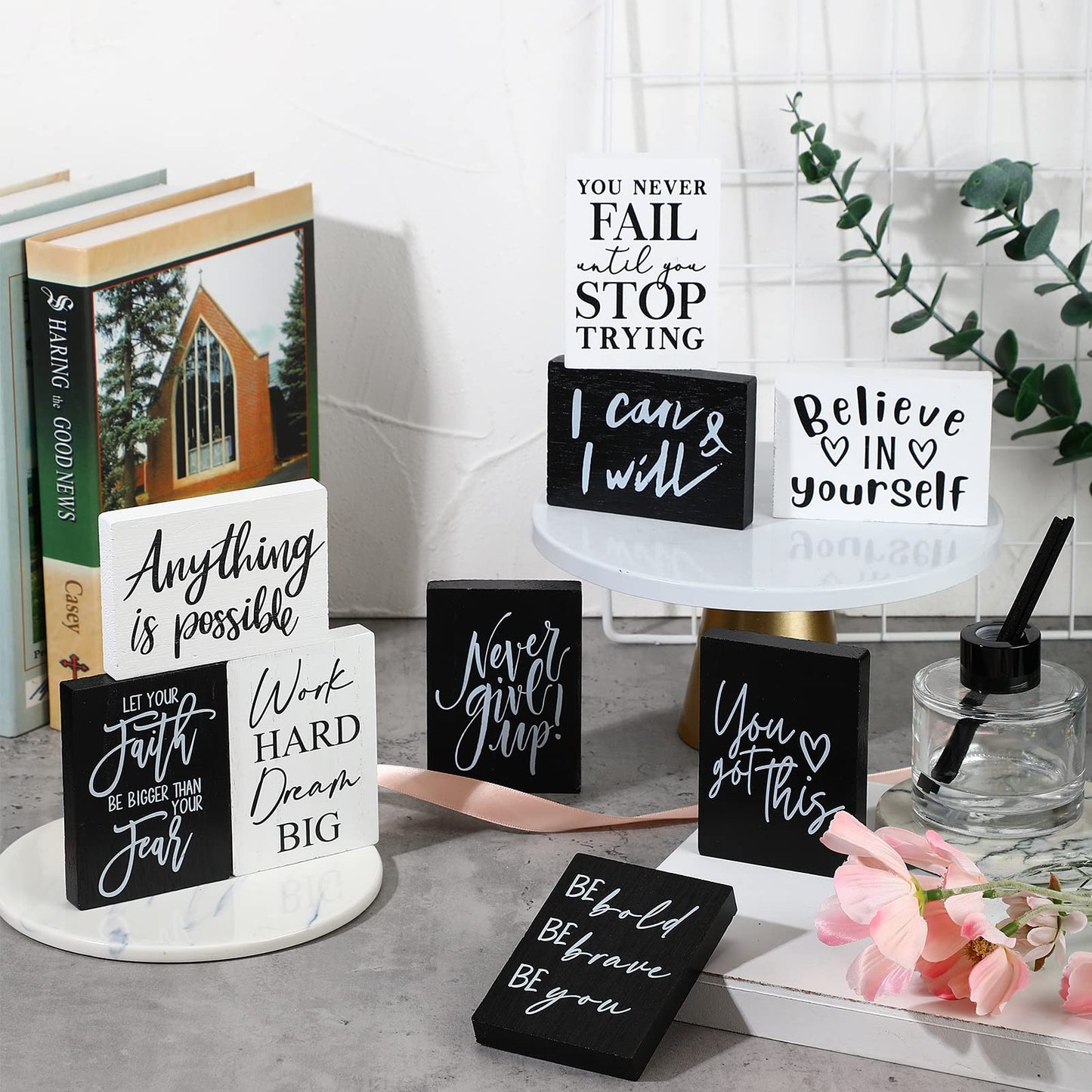 Yulejo 9 Pcs Mini Inspirational Wooden Signs Office Desk Decor Positive Motivational Quotes Table Sign Employee Appreciation Gift Bathroom Home Decors Cheer Up(black, White, 3.5 x 2.5 x 0.47 Inch)