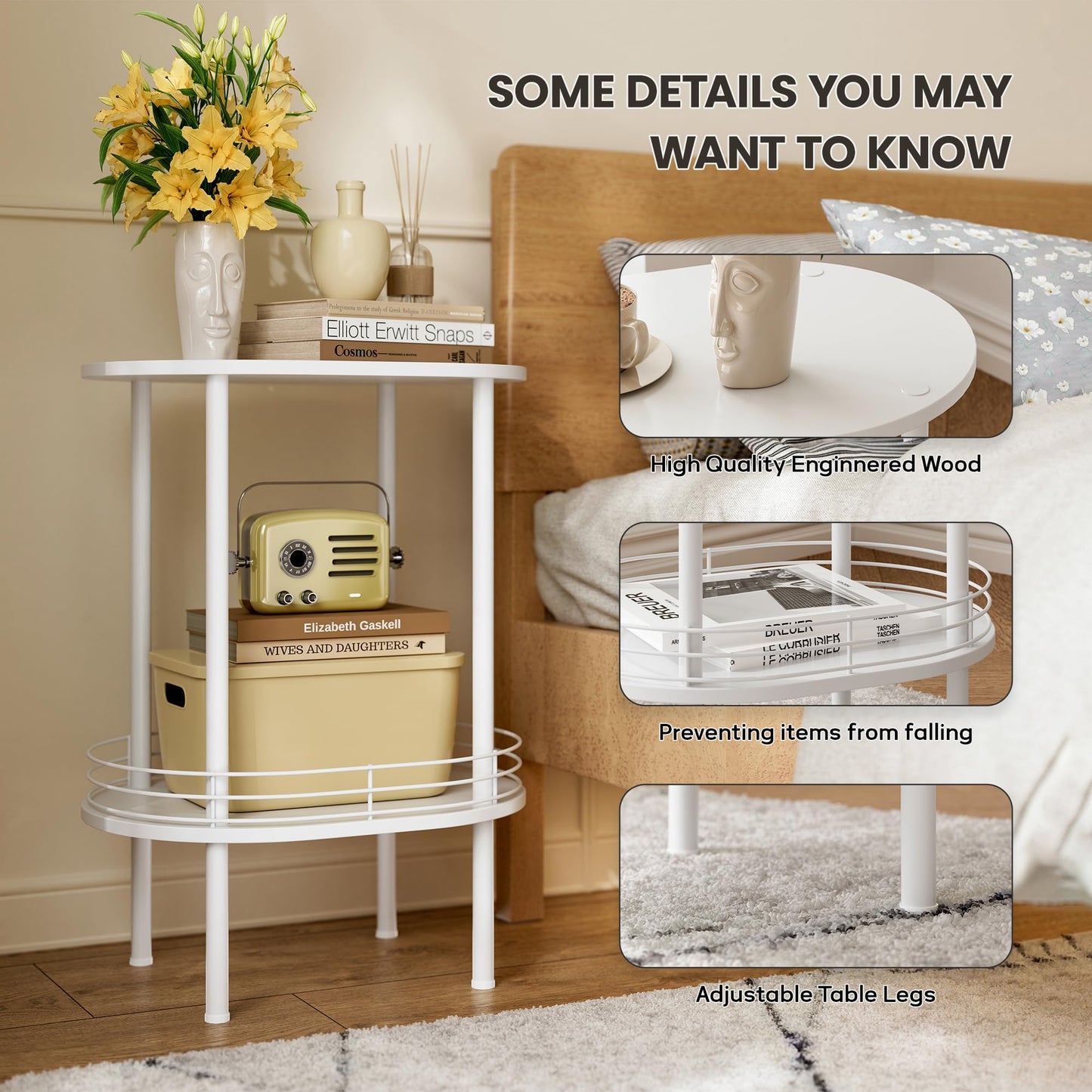 Small Modern Oval Side Table with Storage,2-Tier Side Tables Living Room,Sturdy Nightstand for Small Space - Living Room, Bedroom, Bathroom, Nursery (1PC,White)