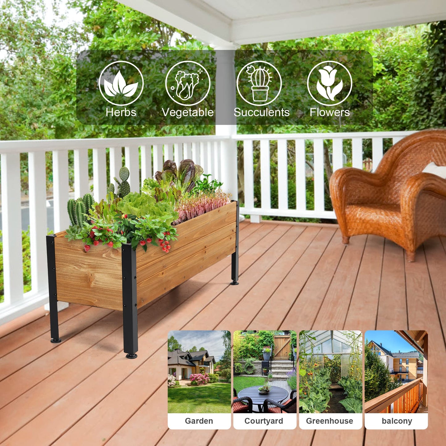 Borsynium Wooden Rectangular Flower Box with Short Iron Legs, Planting Bed for Flowers and Vegetables, Suitable for Garden and Balcony. Dimensions: 19.7x13.9x12.5 inches