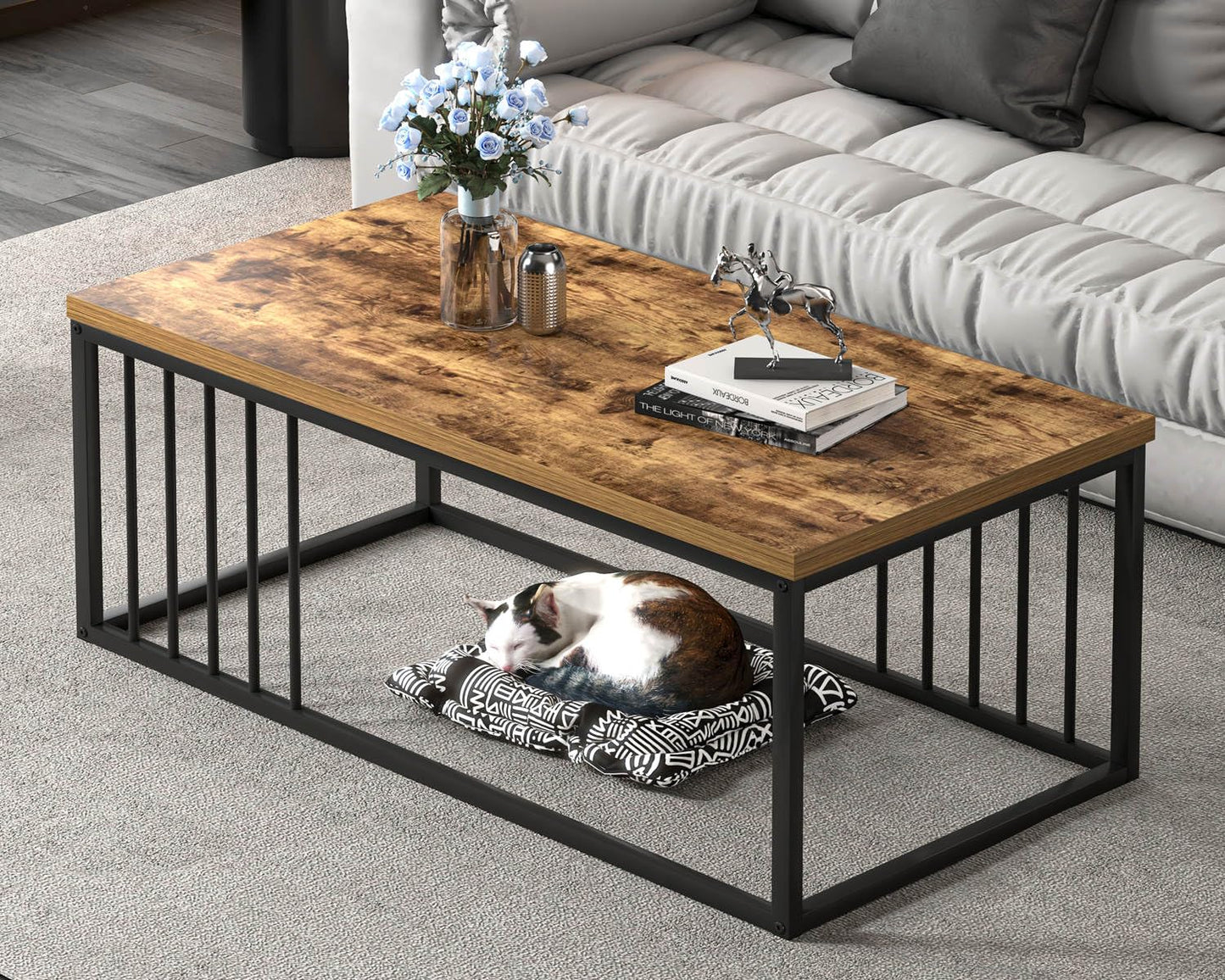 FOLUBAN Coffee Table, Modern Wood and Metal Living Room Table, Industrial Rectangle Cocktail Tea Table, Rustic Brown, 43.3 Inch
