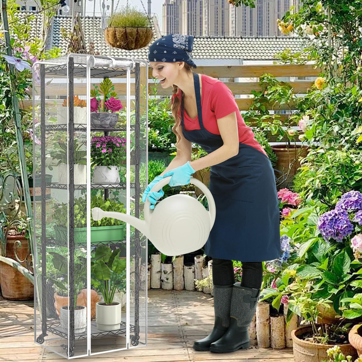 sagrynfp Mini 5-Tier Greenhouse for Indoor Outdoor , 15.7" L×11.8" W×62.3" H Portable Greenhouse with Clear PVC Cover and Metal Shelf for Growing Vegetables, Flowers and Seedlings, with Wheels