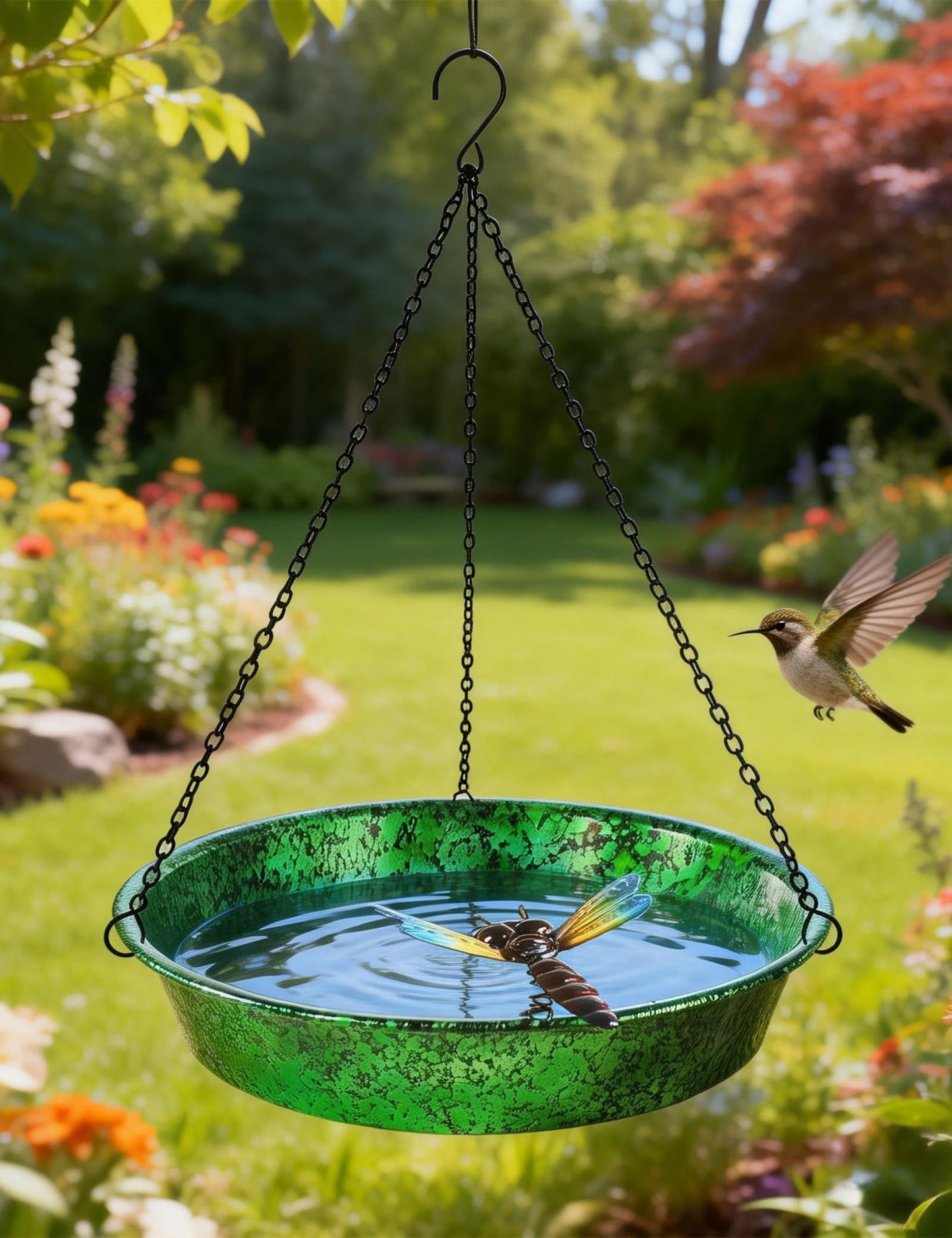 Hanging Bird Bath for Outside, 11.5” Metallic Green & Blue Metal Birdbath Bowl & Feeder with Black Chain Outdoor Garden Yard Decor