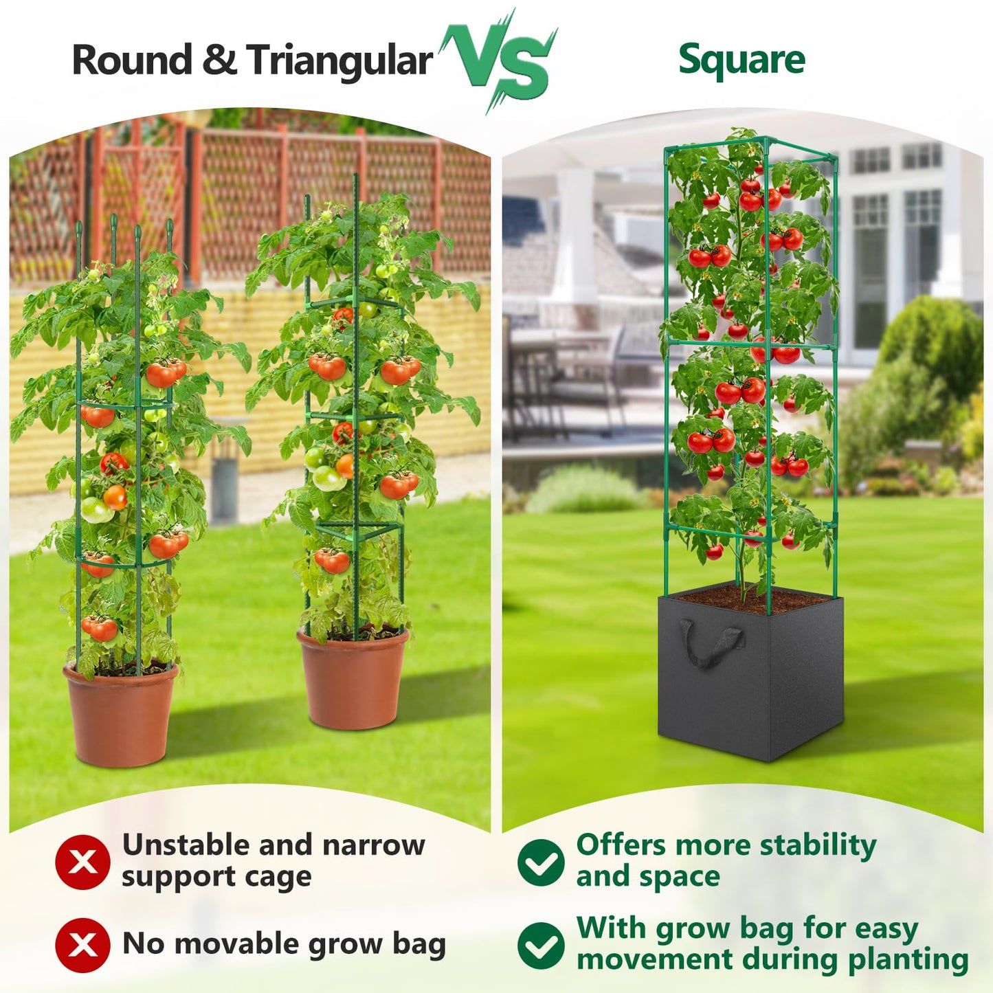 LifeisLuck 3 Pack Tomato Cage for Garden, Upgraded Fiberglass Garden Trellis with 3 PCS Grow Bags, Square Tomato Planter Support Garden Cages for Cucumber Vegetables Vertical Climbing Plants