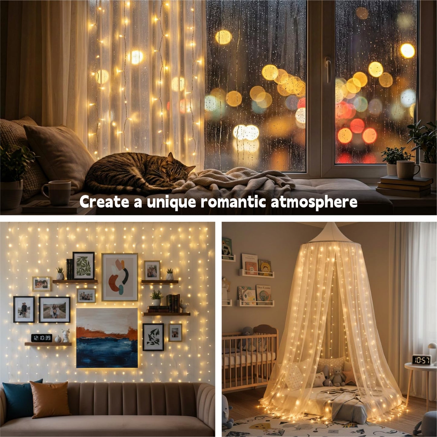 SINAMER Curtain Light for Bedroom, 200LED 6.6x6.6ft Warm White Window Wall Hanging Fairy Curtain String Light, 8 Modes Remote Fairy String Lights Indoor for Wedding Party Home Garden Decorations