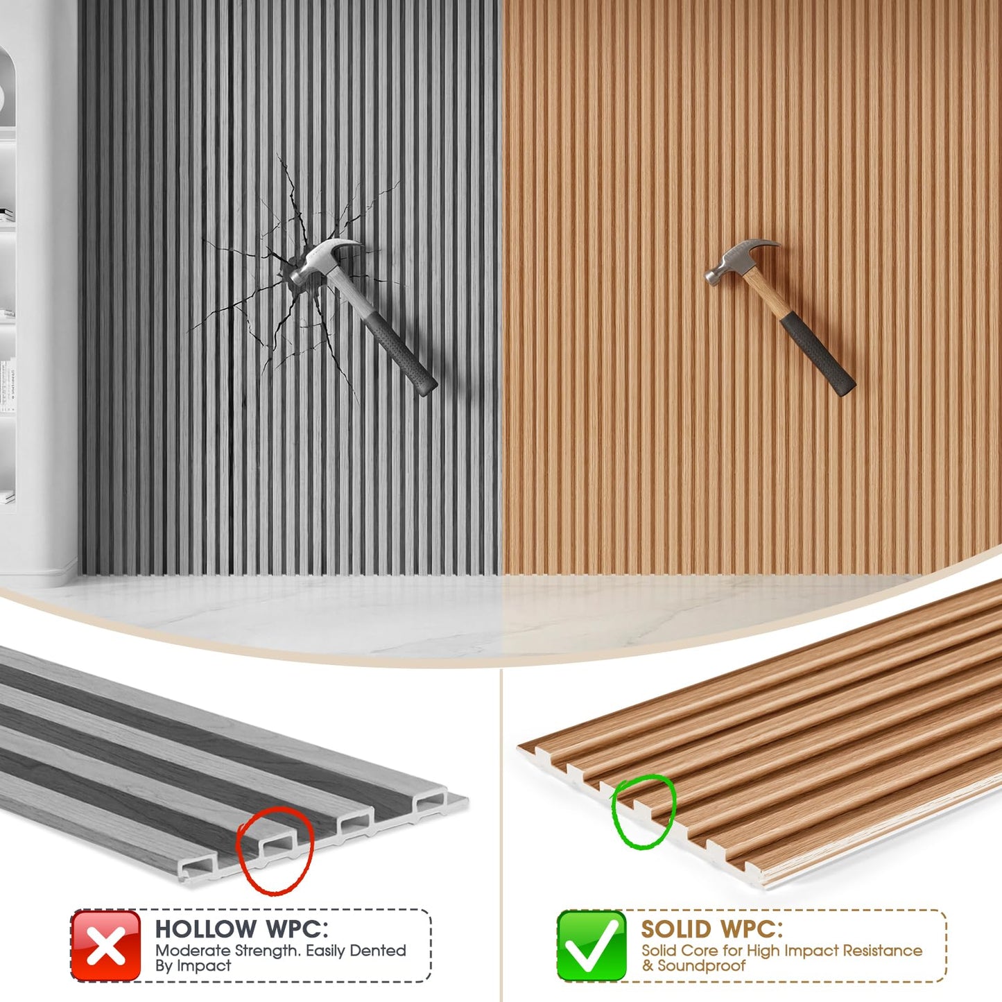LARWORKS WPC Acoustic Slat Wall Panels 8-Pack 96'' x 6'', Accent 3D Wall Panel for Interior Wall Decor, Waterproof Fluted Textured Panel Wall Slats,Solid Elm (Cover Approx.32 sq.ft)