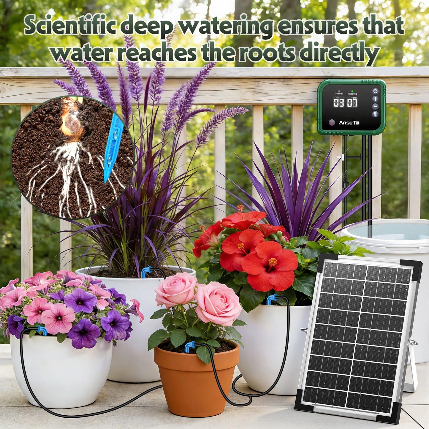 AnseTo 8W Solar Drip Irrigation System for Gardens, DIY Automatic Drip Kit, Supports Watering 30 Pots, Includes 35m Drip Hose and 30 Emitters Suitable for Gardens/Greenhouses/Outdoor Irrigation Timer
