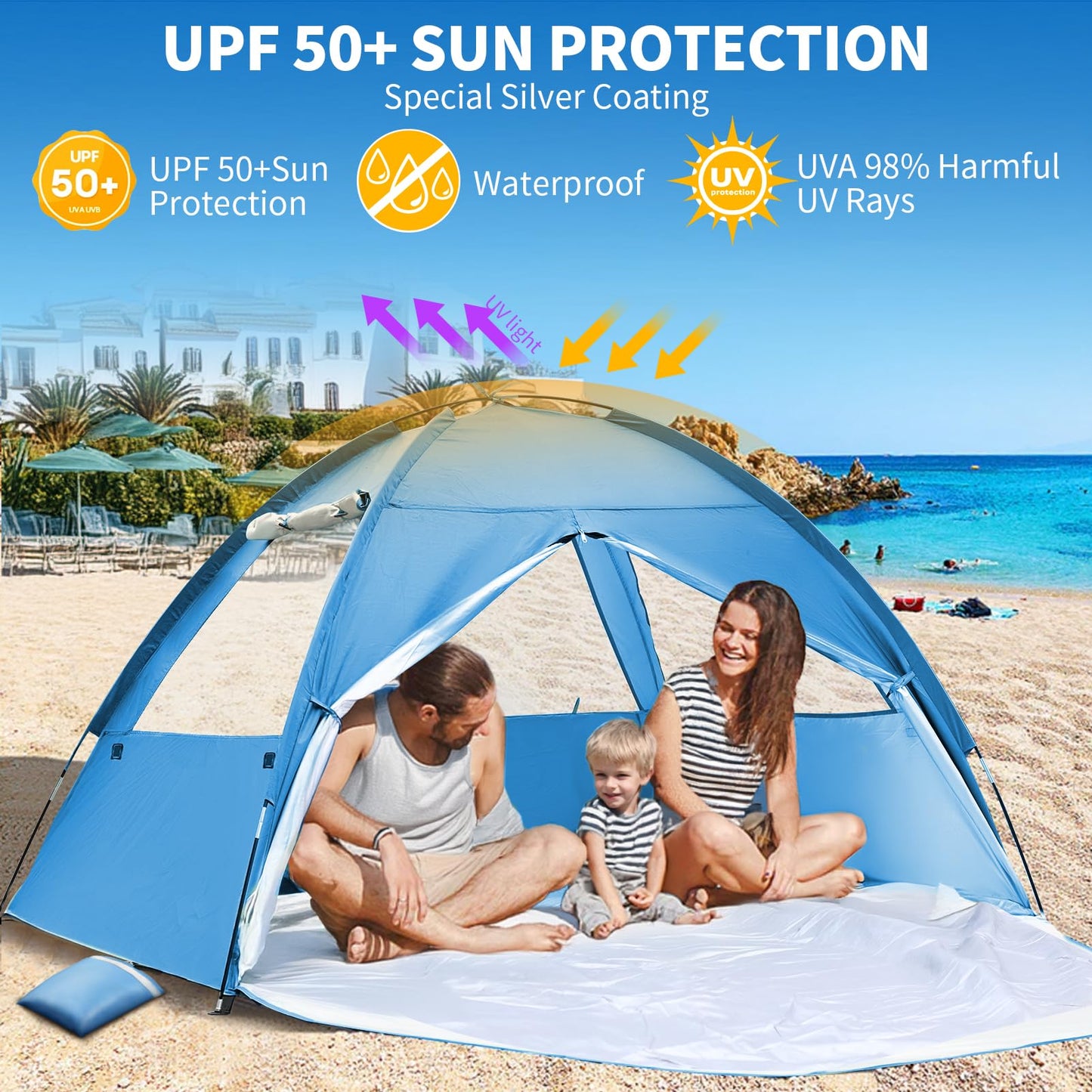 COVACURE 2026 New Upgraded Beach Tent Sun Shelter for 3-4 Person - UPF 50+ UV Protection Beach Shade, Waterproof & Lightweight, Easy Setup Portable Sun Canopy for Camping, Fishing, Beach(Blue)