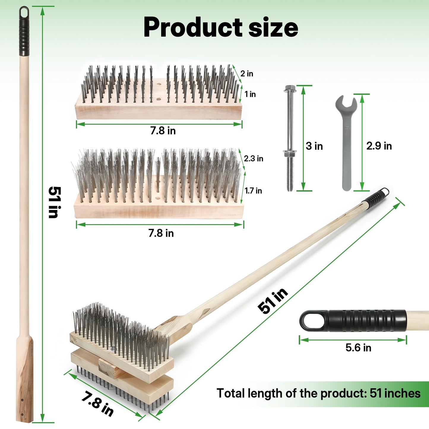 FULEIYA 2PCS 51" Stainless Steel Grill Brush for Outdoor Grill Cleaning Brush with Long Handle, BBQ Grill Brush Detachable Double Ended Wire Bristle Brush Grill with Fixing Bolts & Wrench