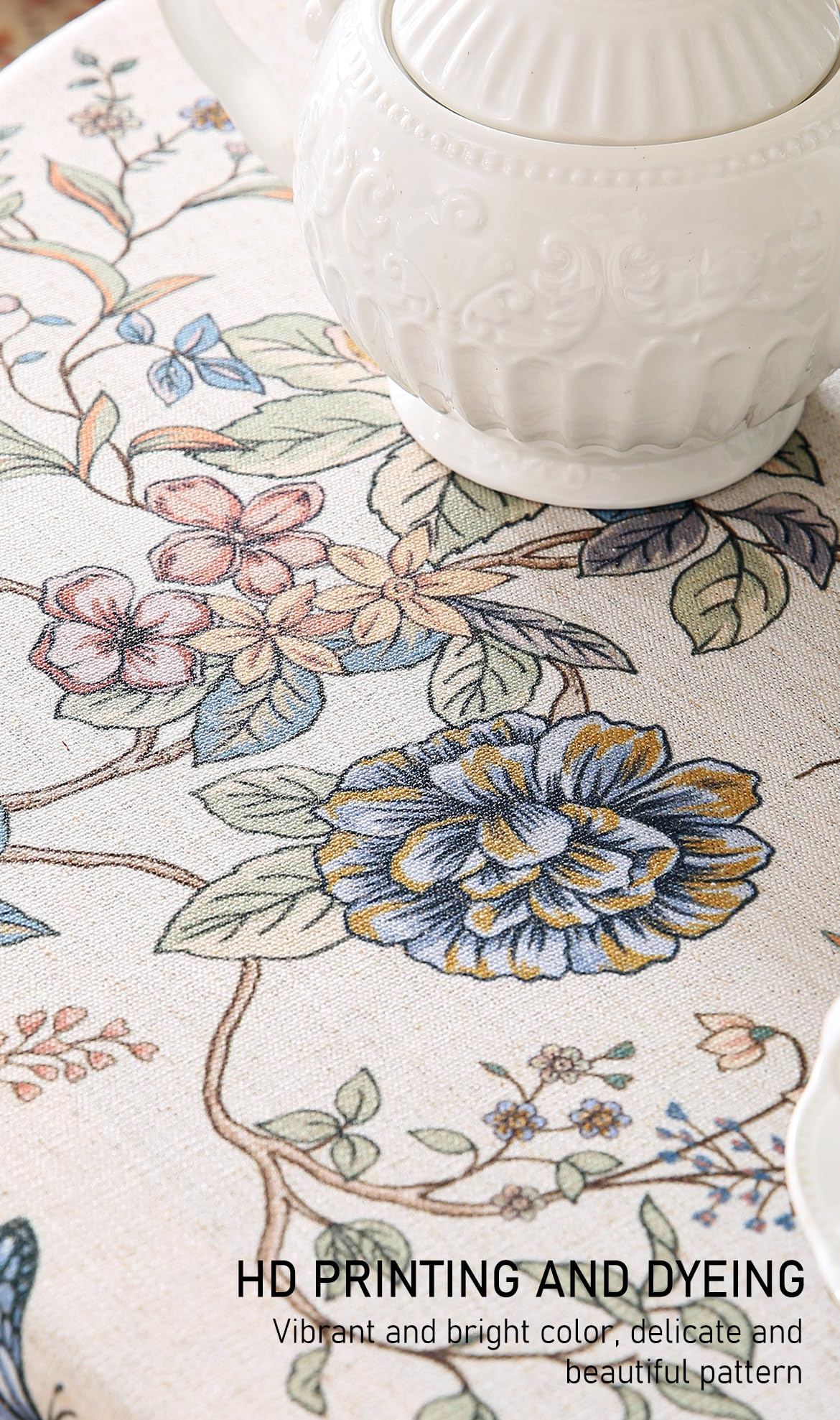 ISAENNE Designer French Light Beige Small Round Tablecloth,Linen Florals and Birds Pattern Table Cloth,Anti-Wrinkle Decorative Tablecloths for Dining Thanksgiving Kitchen,Diameter 55"-Cornucopia