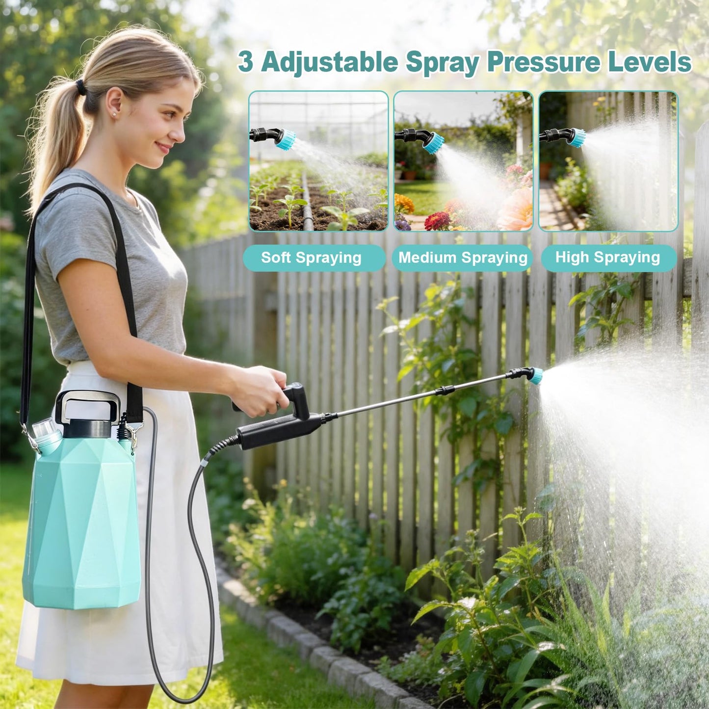 1.35 Gallon Battery Powered Sprayer, Electric Garden Sprayer with 3 Adjustable Pressures, Battery Indicator, Telescopic Wand, 4 Nozzles, Rechargeable Automatic Pump Sprayer for Lawn, Weed, Yard Care